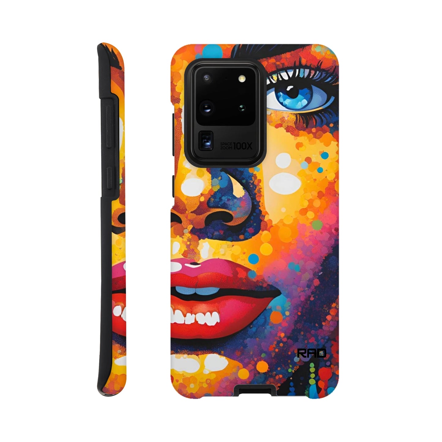 Colorful phone case with artistic design on a white background