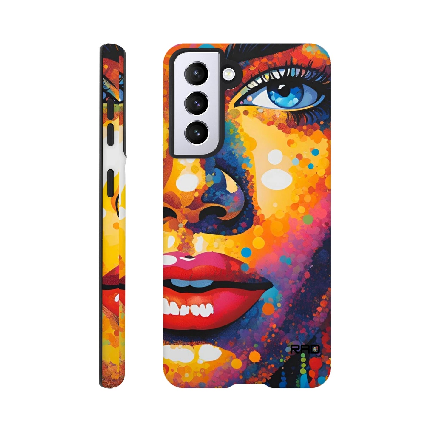 Phone case with a colorful abstract design of a face on a white background