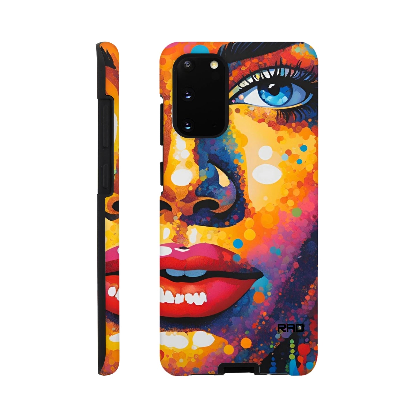 Phone case with a colorful abstract face design on a white background