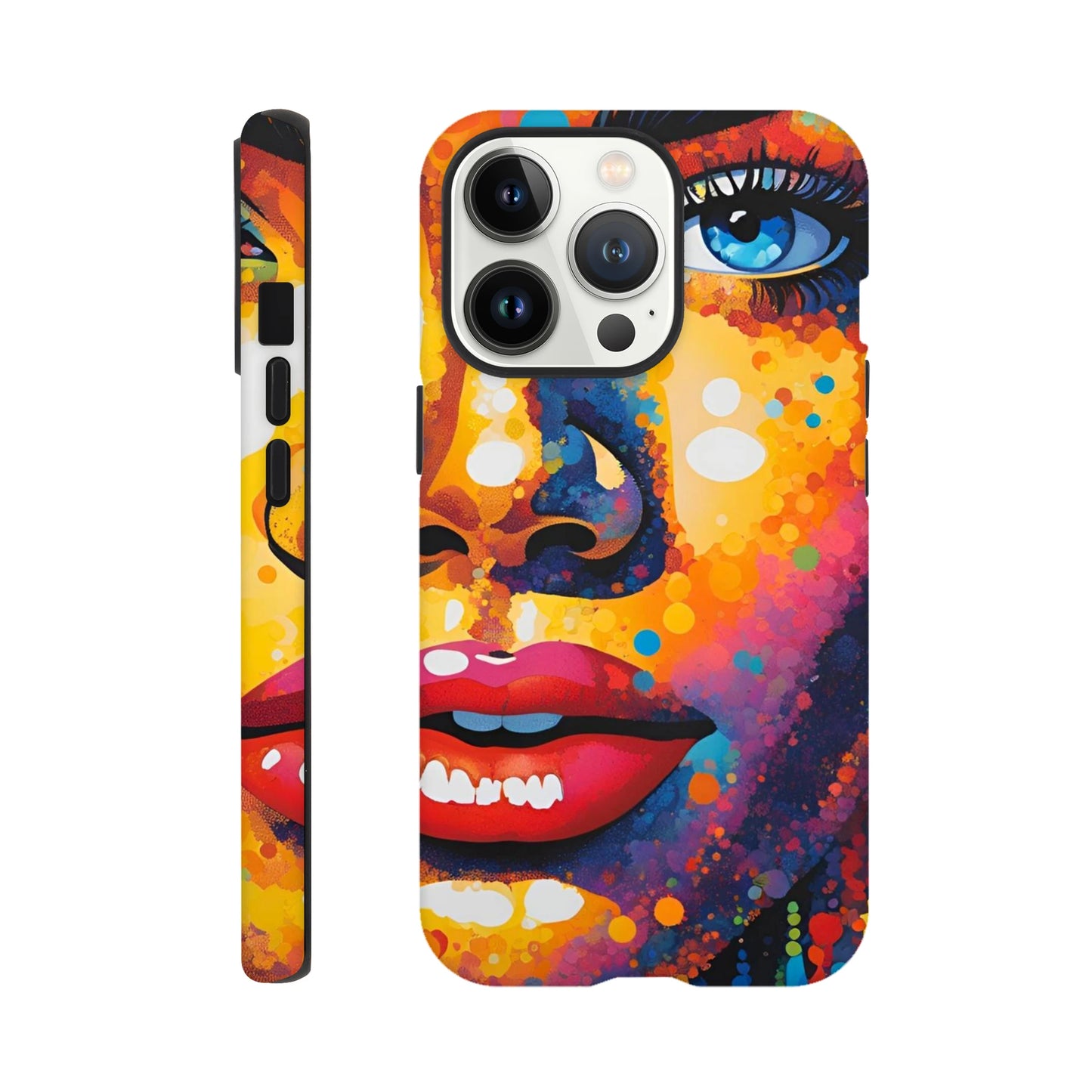 Colorful phone case with artistic design on a white background