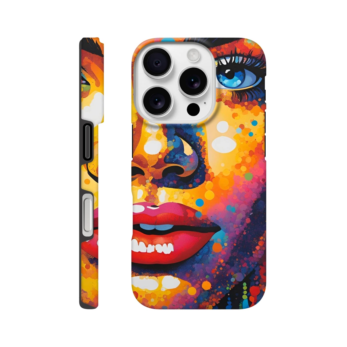 Phone case with a colorful abstract design on a white background