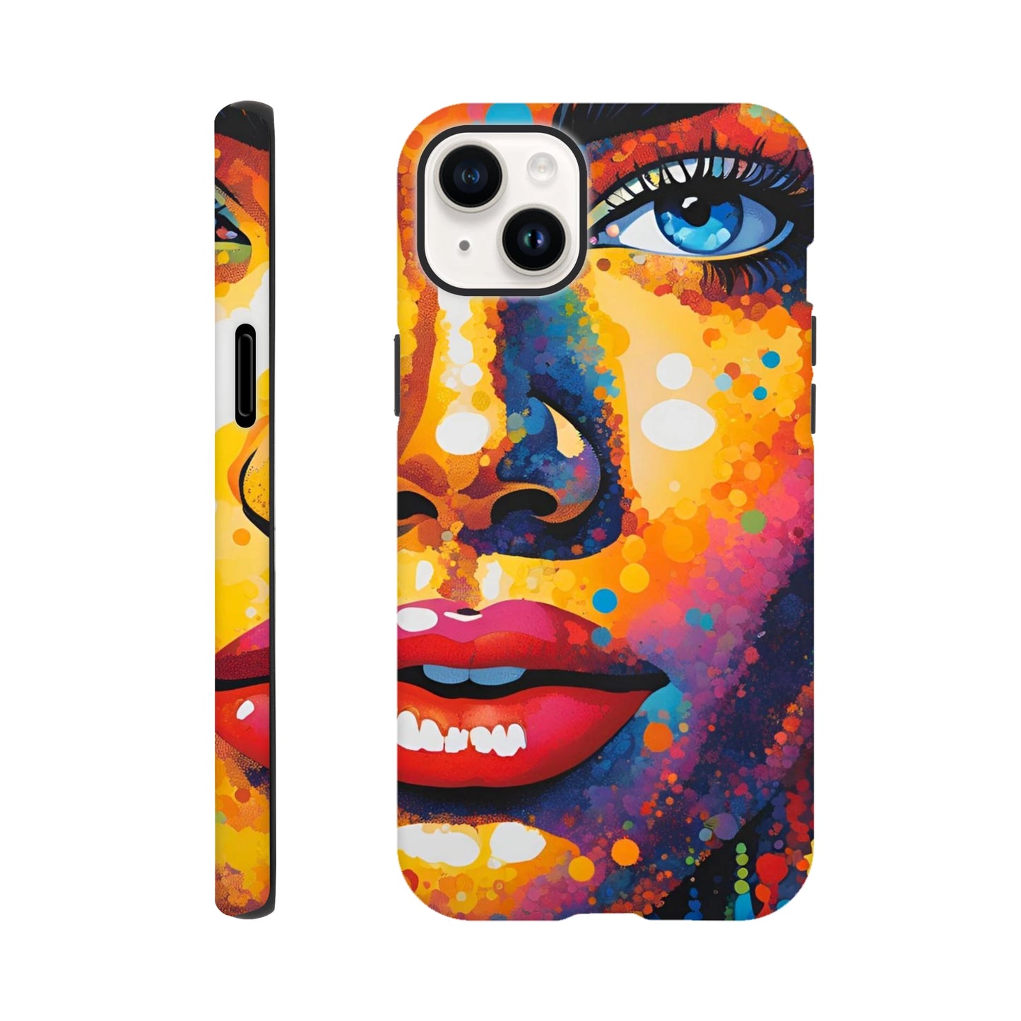 Phone case with a colorful abstract face design on a white background