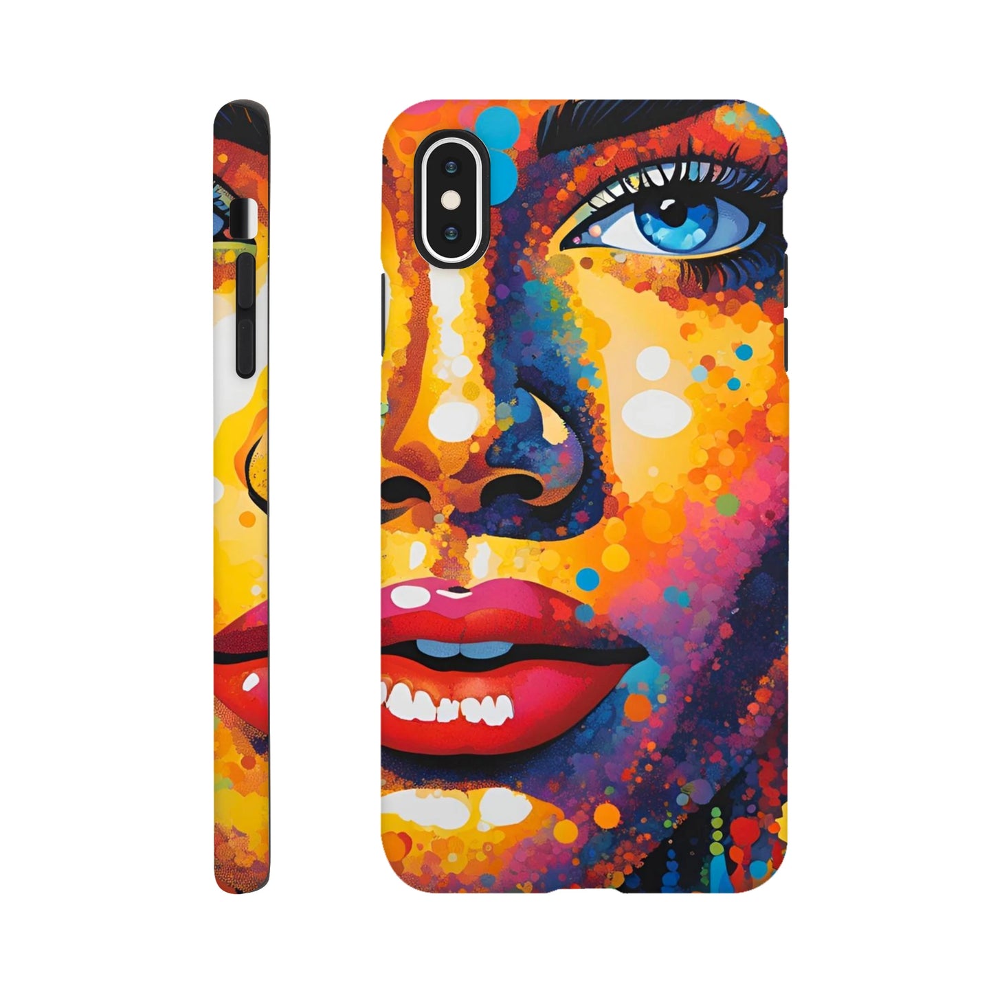 Phone case with a colorful abstract face design on a white background