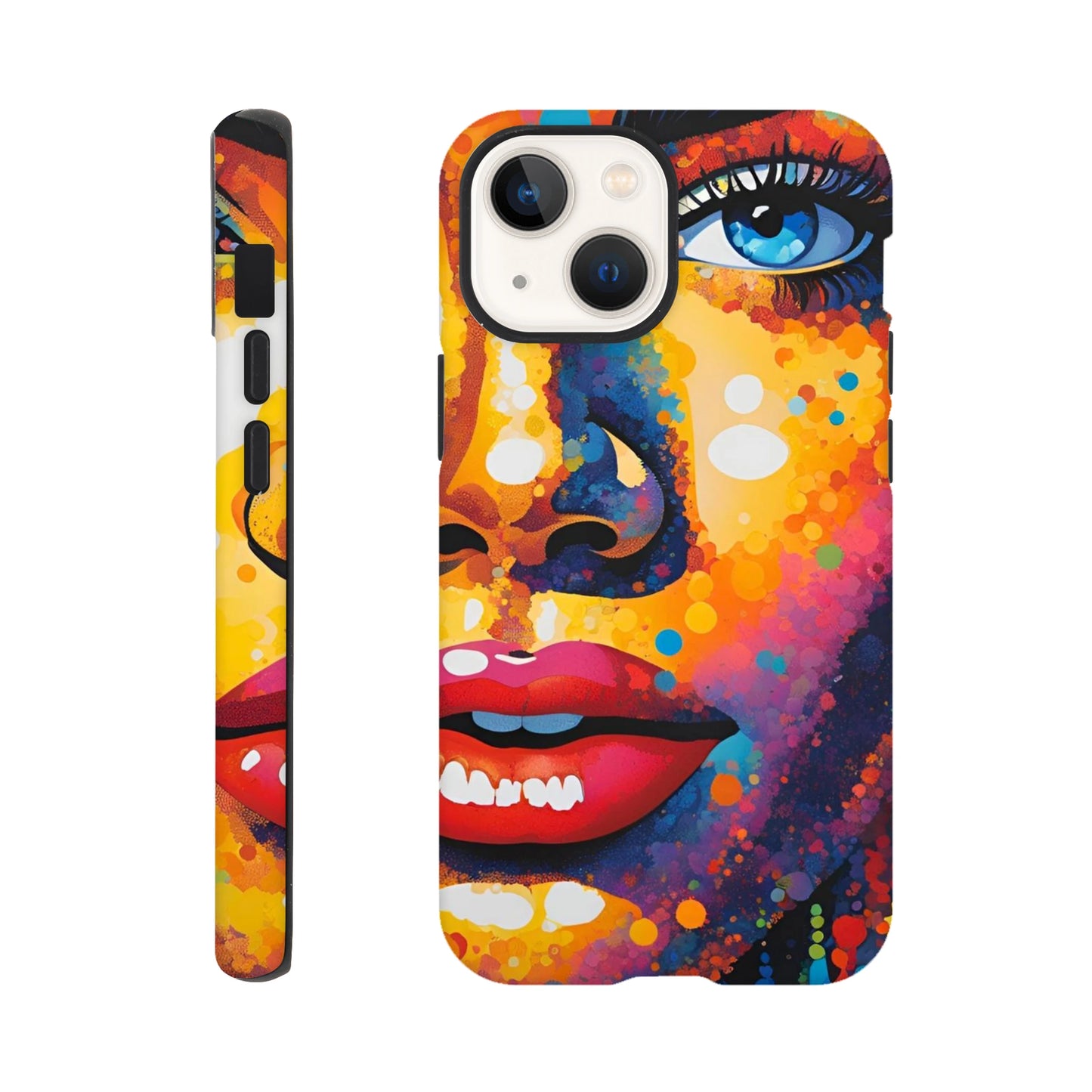 Phone case with a colorful abstract face design on a white background