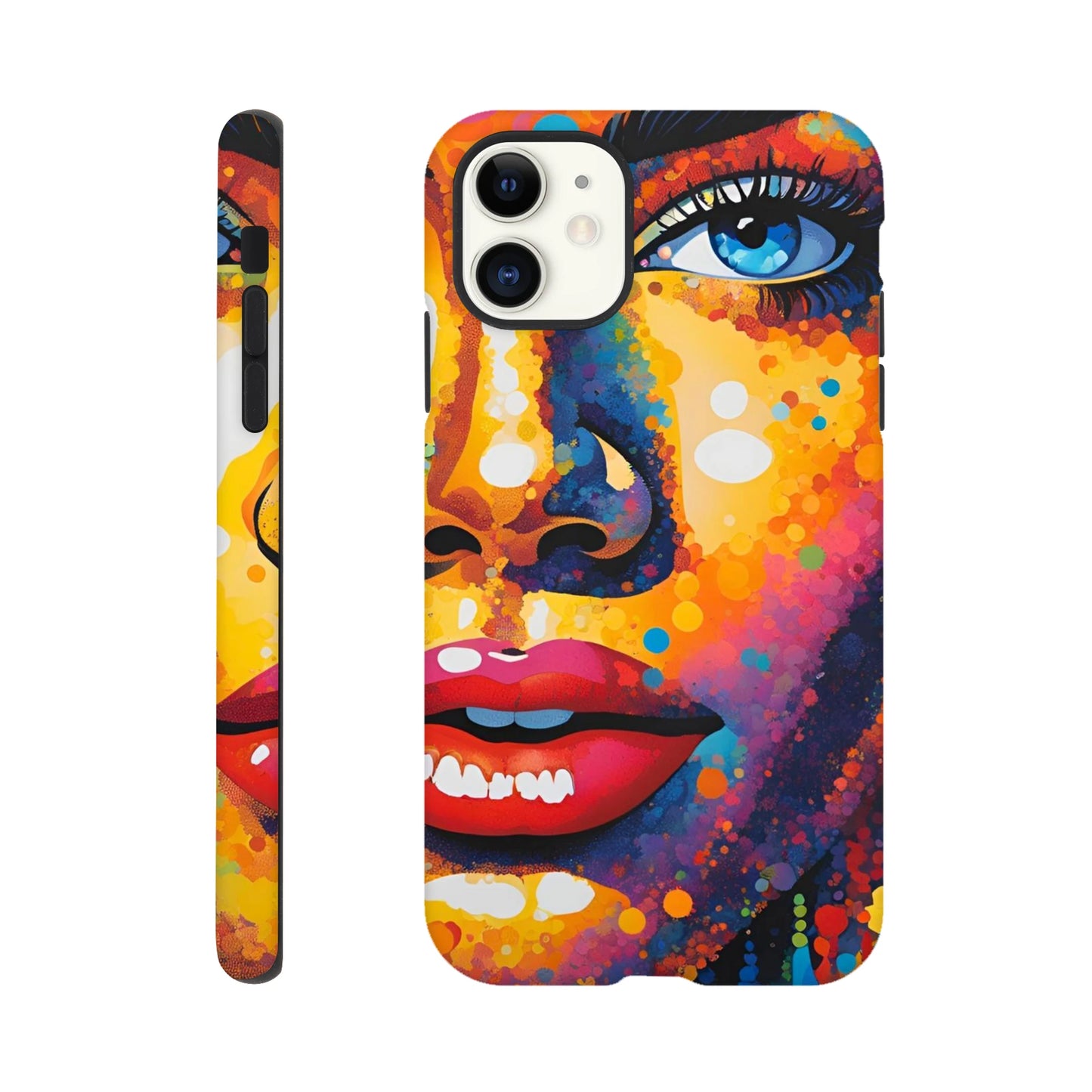 Phone case with a colorful abstract face design on a white background