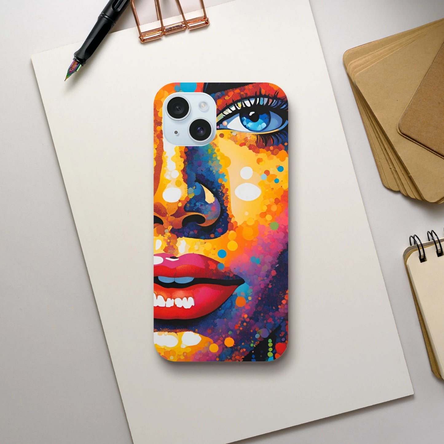 Colorful phone case with artistic design on a white surface