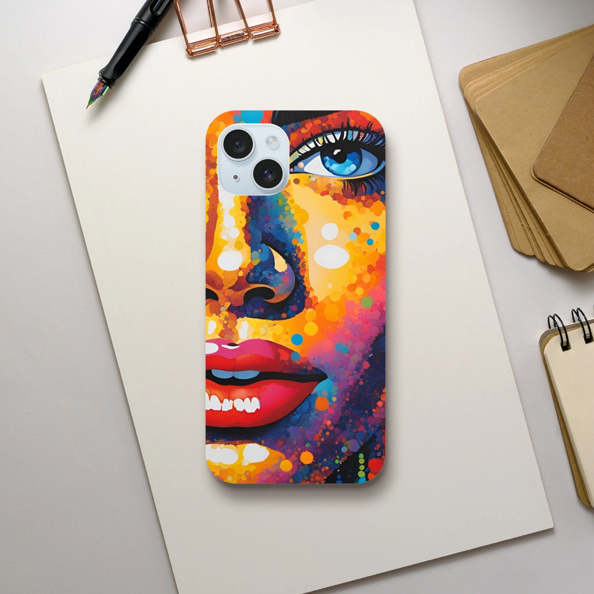 Colorful phone case with artistic design on a white surface