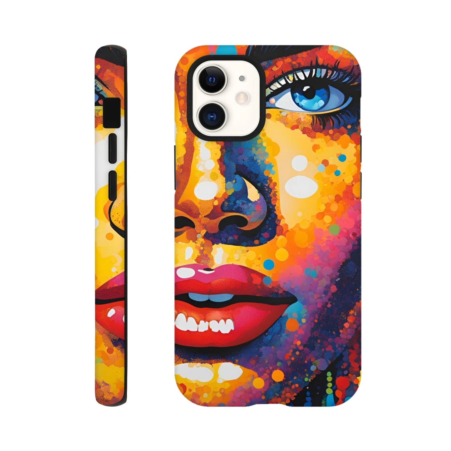 Phone case with a colorful abstract face design on a white background
