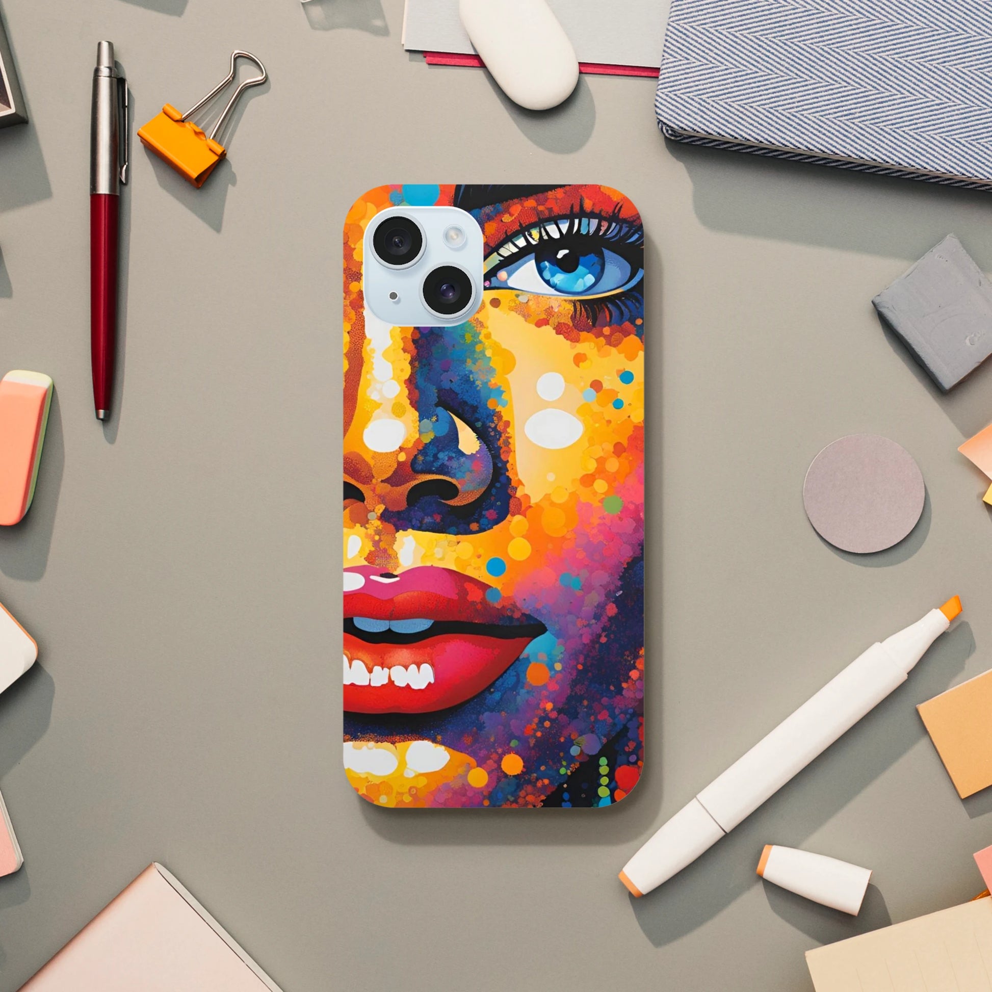 Colorful phone case with artistic design on a desk with stationery items