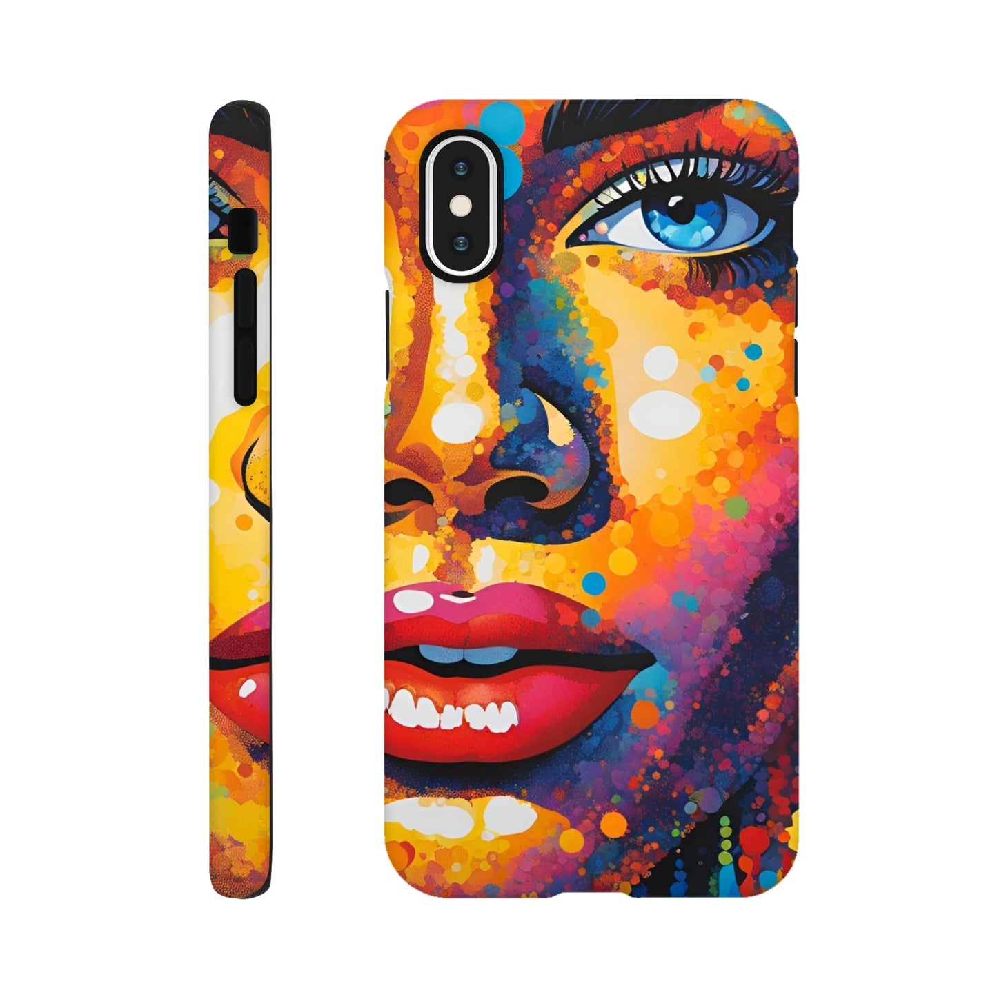Phone case with a colorful abstract face design on a white background