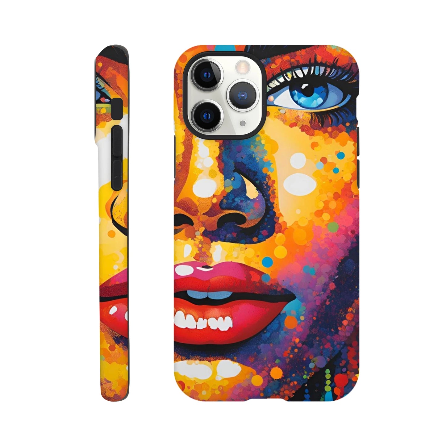 Phone case with a colorful abstract design on a white background