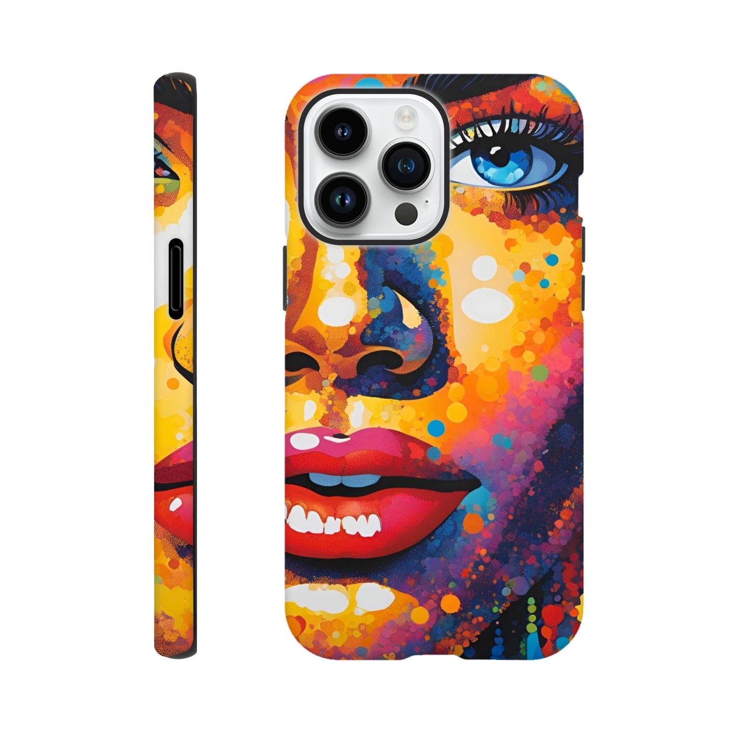 Phone case with a colorful abstract design on a white background