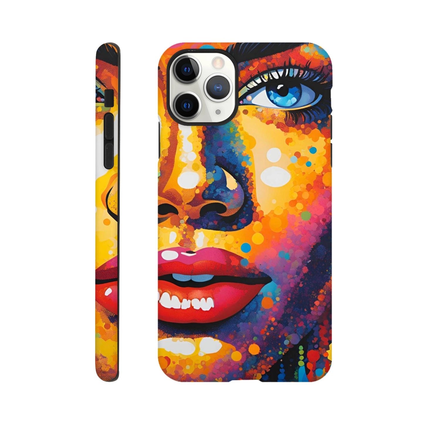 Phone case with a colorful abstract design of a face on a white background