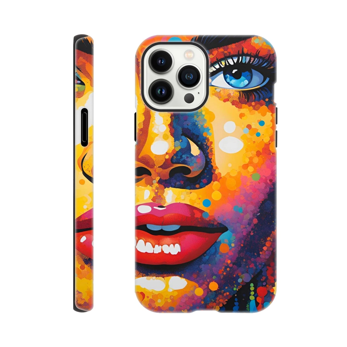 Phone case with a colorful abstract design on a white background