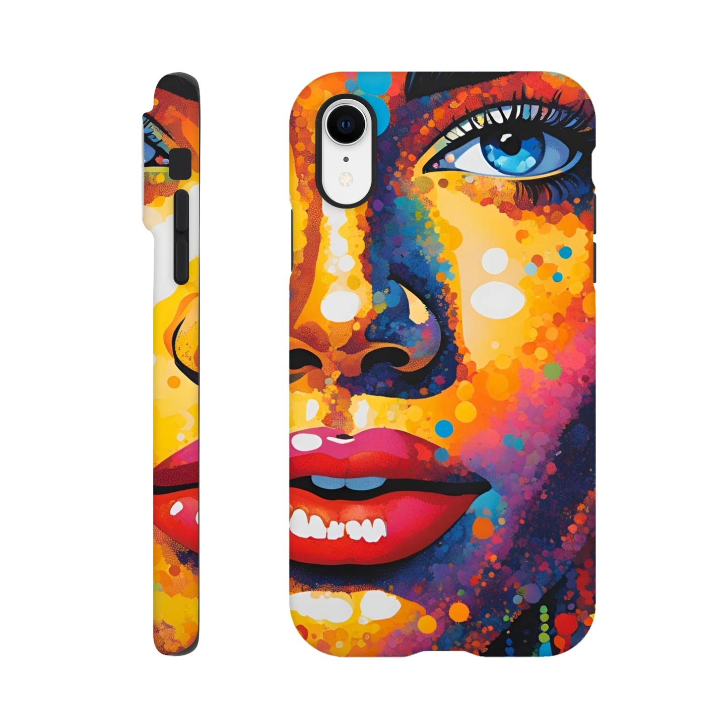 Phone case with a colorful abstract design on a white background