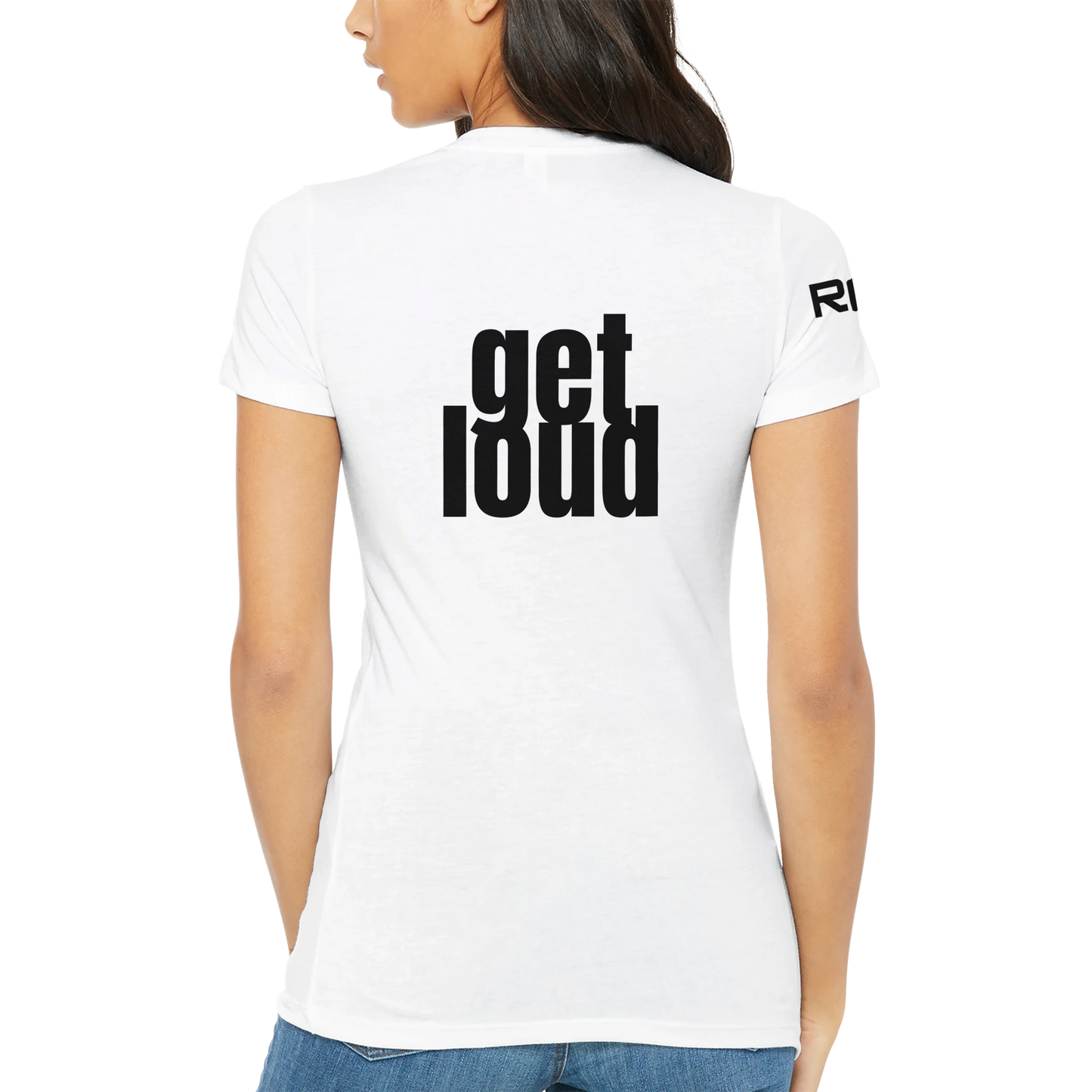 White t-shirt with 'get loud' text on a white background
