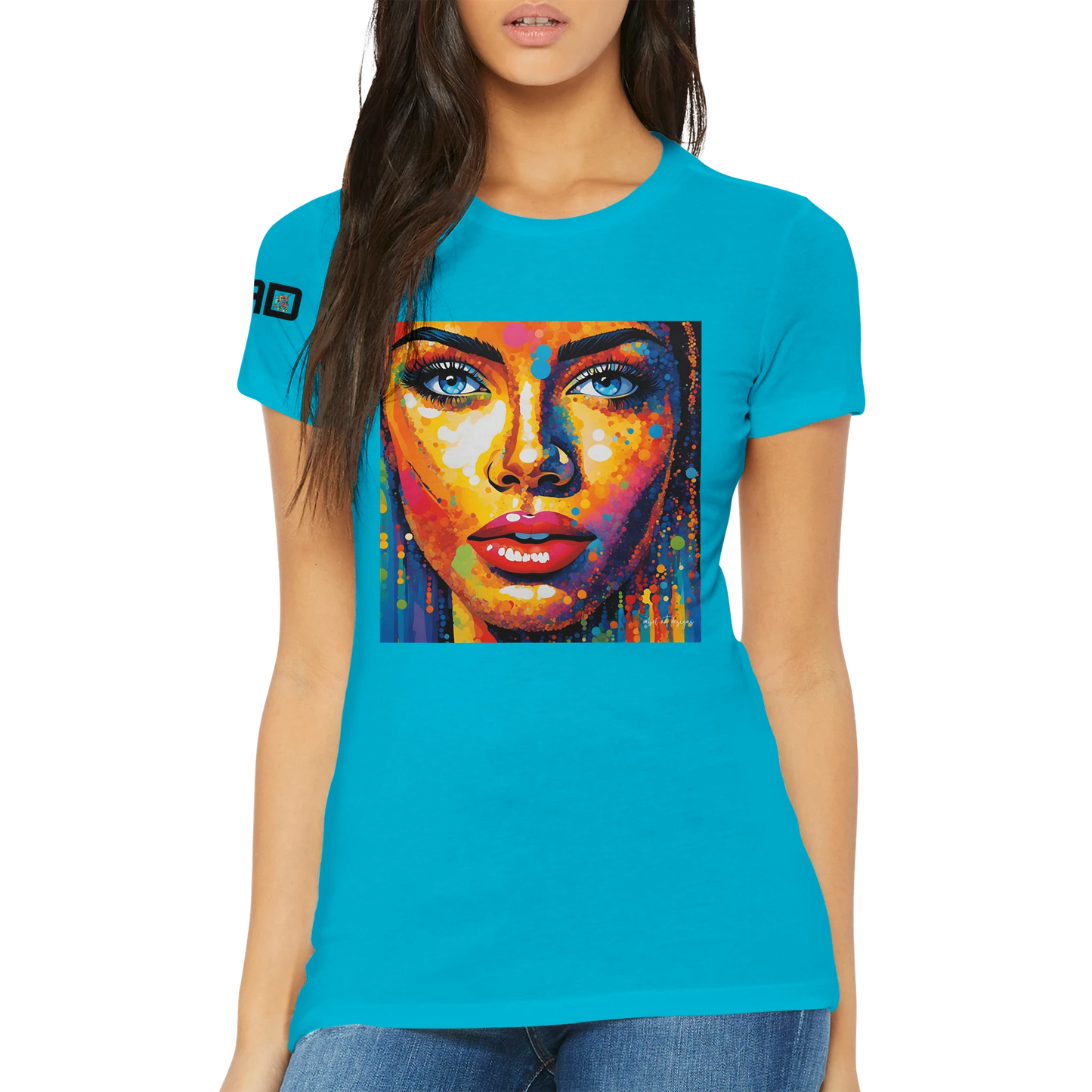 Person wearing a blue t-shirt with a colorful graphic design on a white background