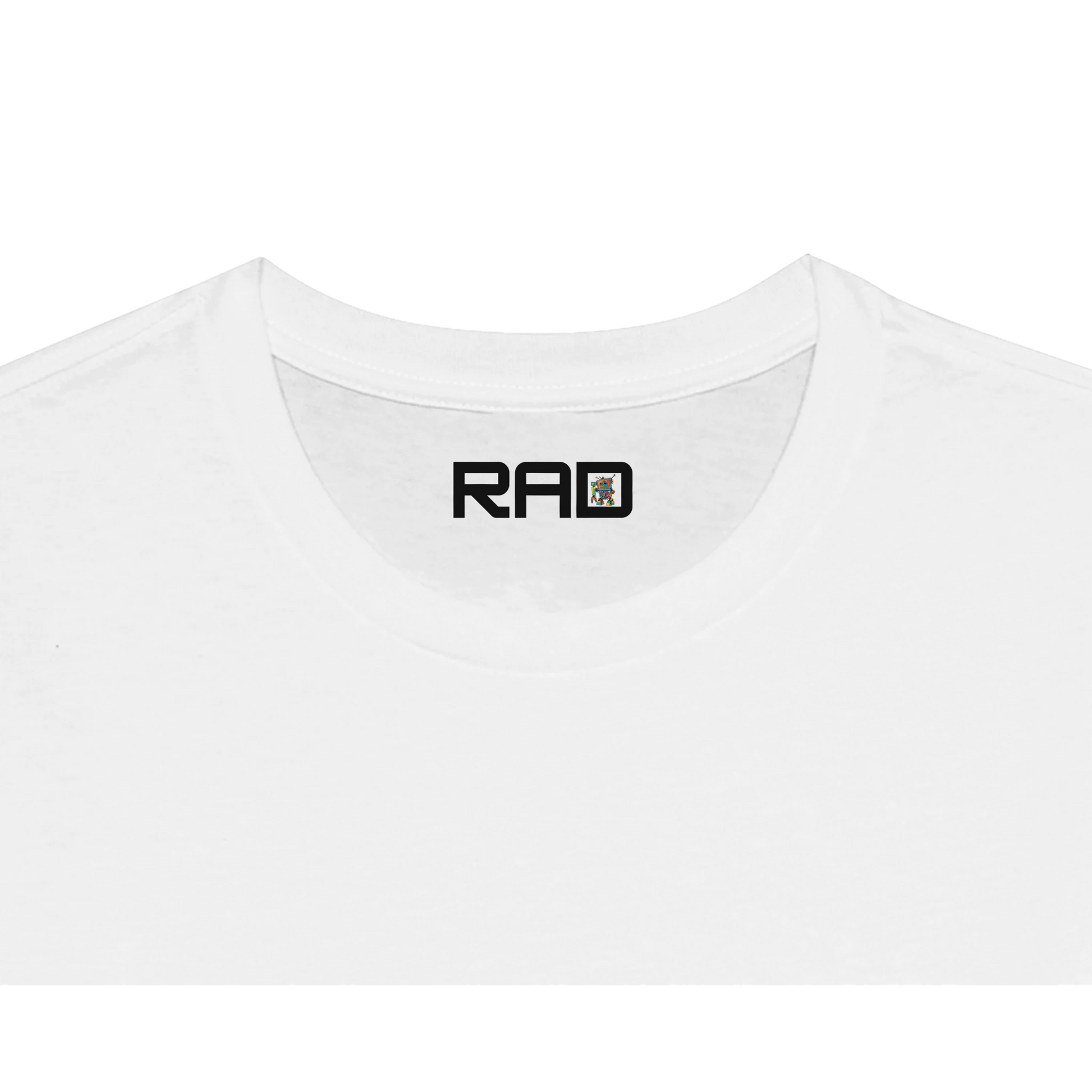 White t-shirt with a black logo on a white background