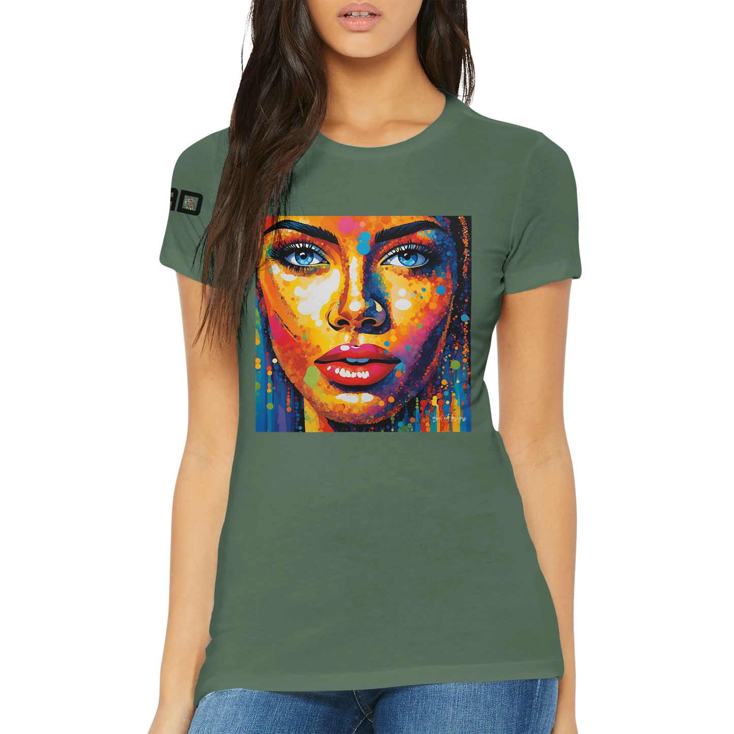 Green t-shirt with a colorful face design worn by a person on a white background