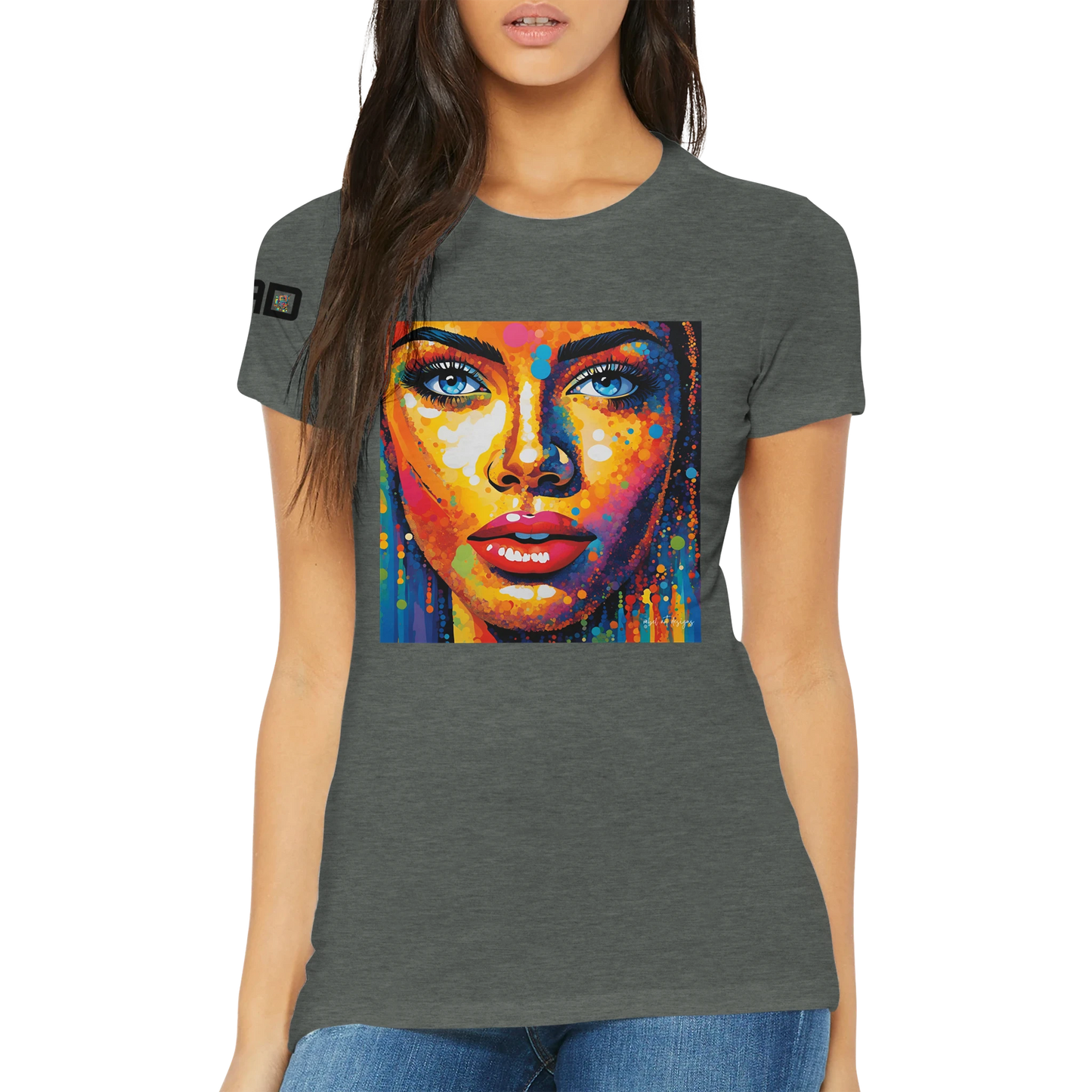 Person wearing a gray t-shirt with a colorful graphic of a face on a white background