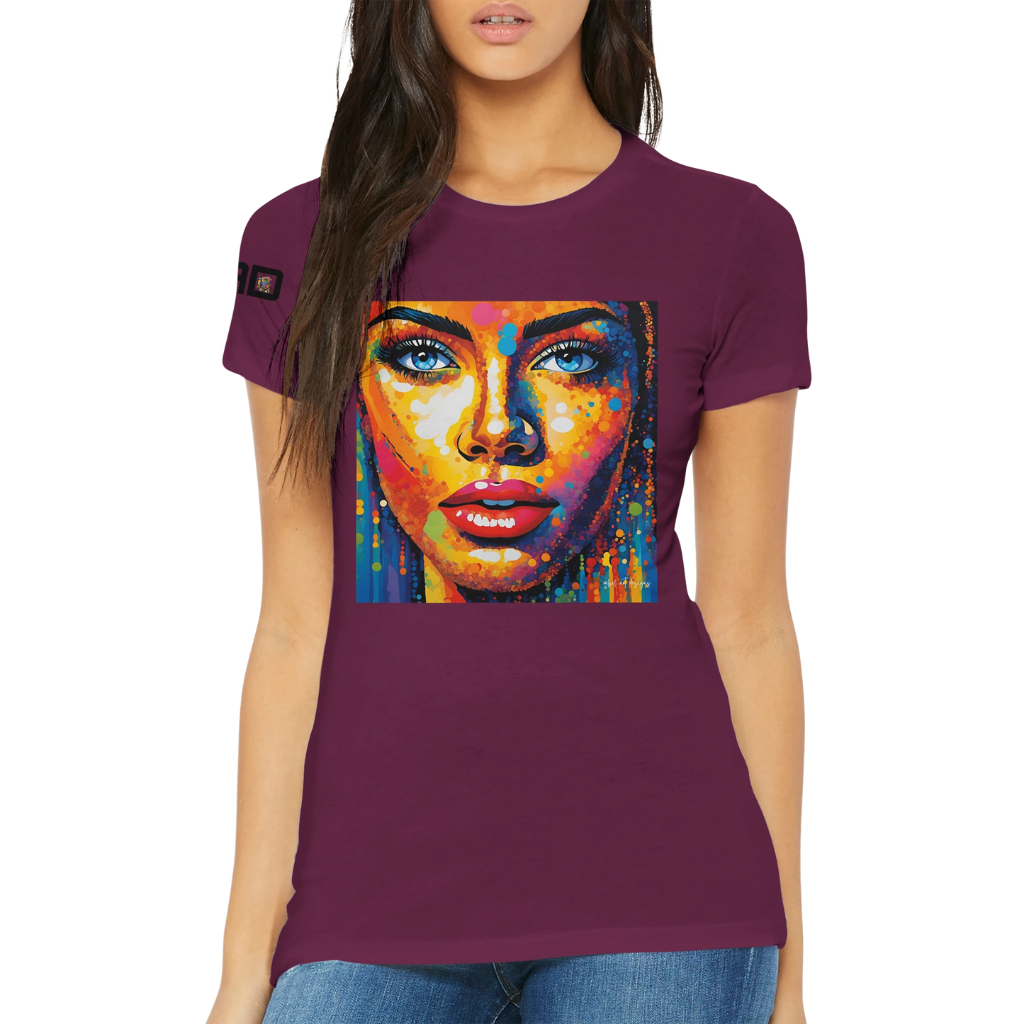 Purple t-shirt with a colorful face design worn by a model on a white background