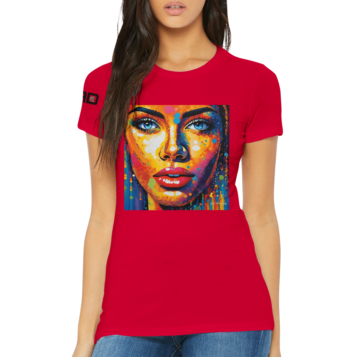 Red t-shirt with a colorful face design worn by a person on a white background
