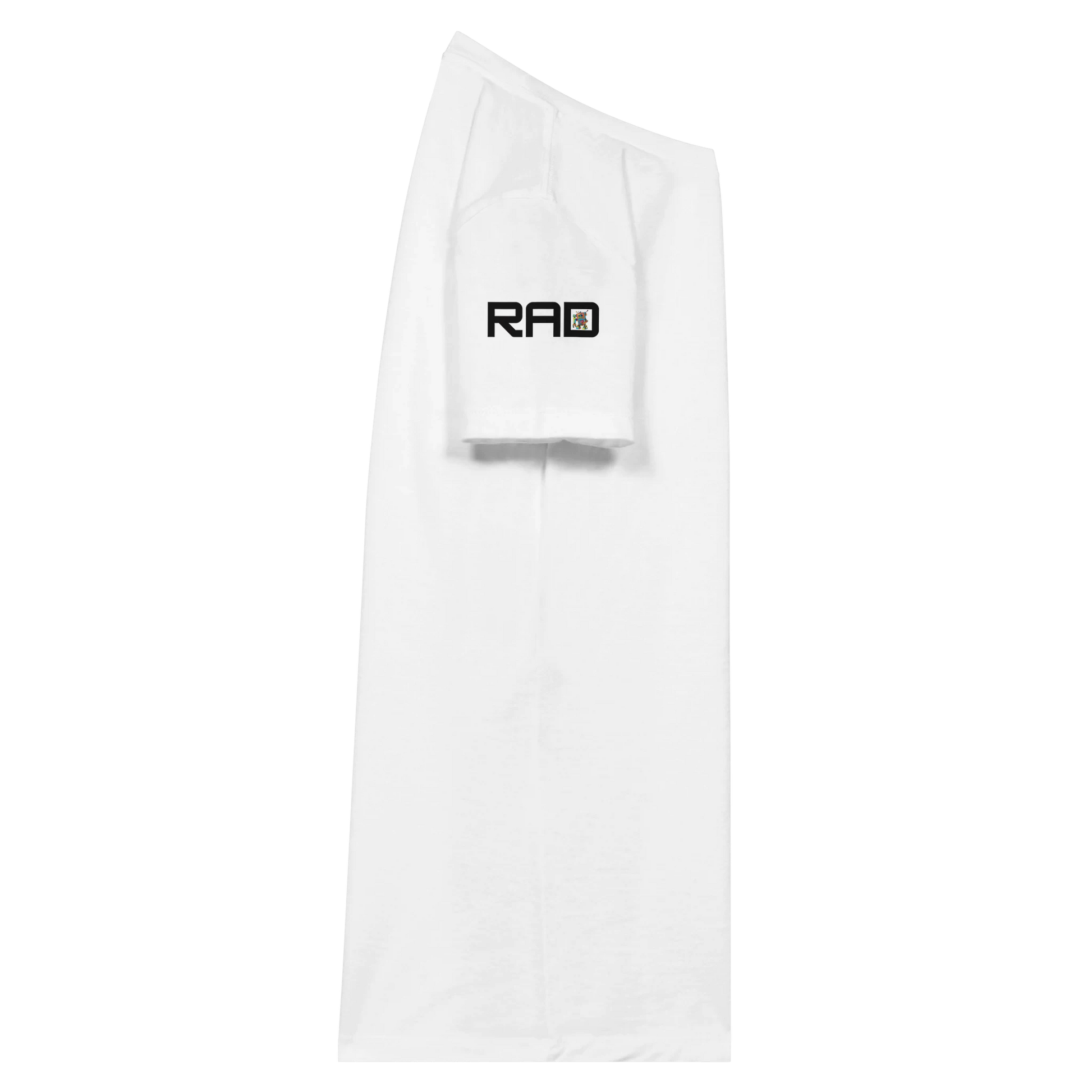 White shirt short sleeve with 'RAD' logo on a white background