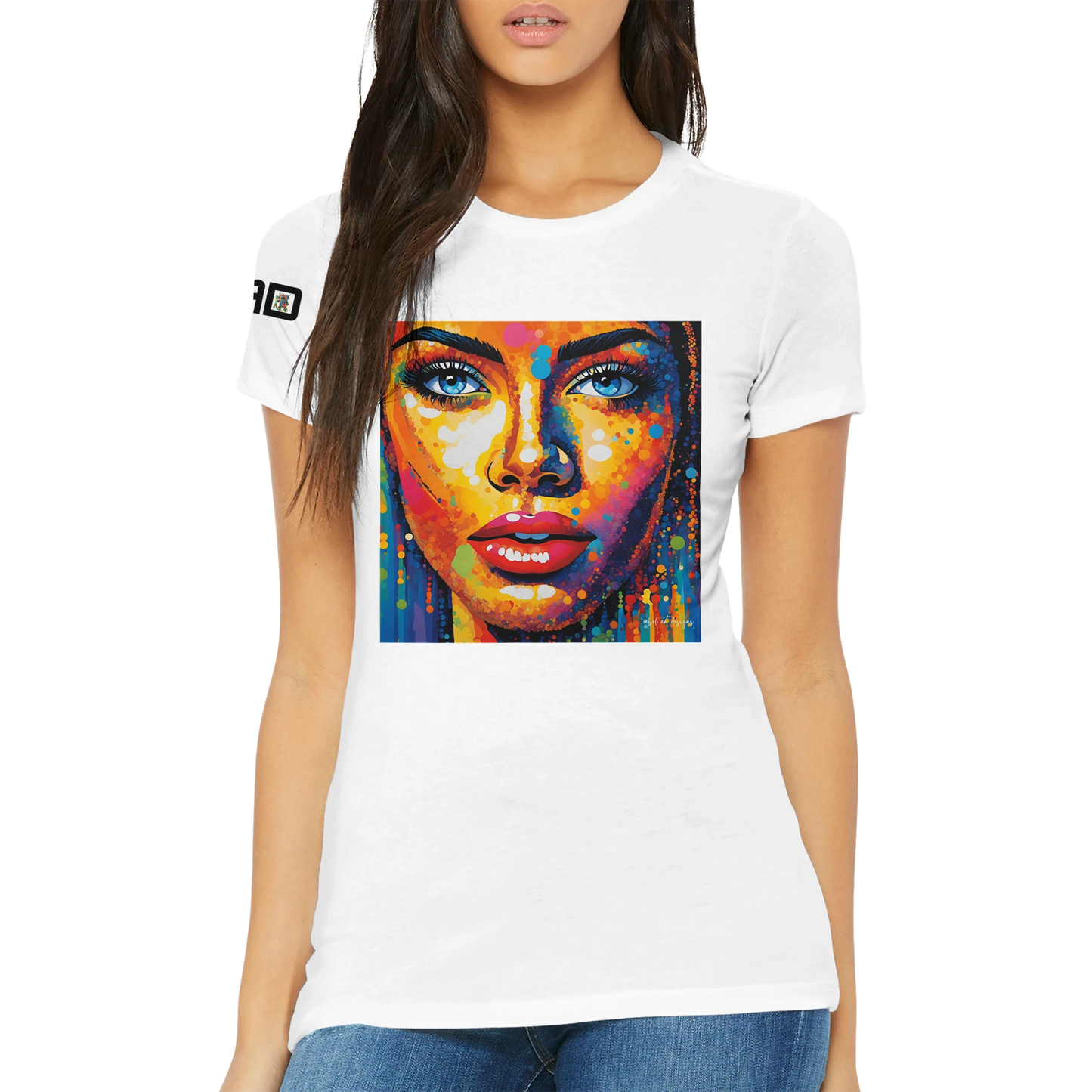 White t-shirt with a colorful face design worn by a model on a white background