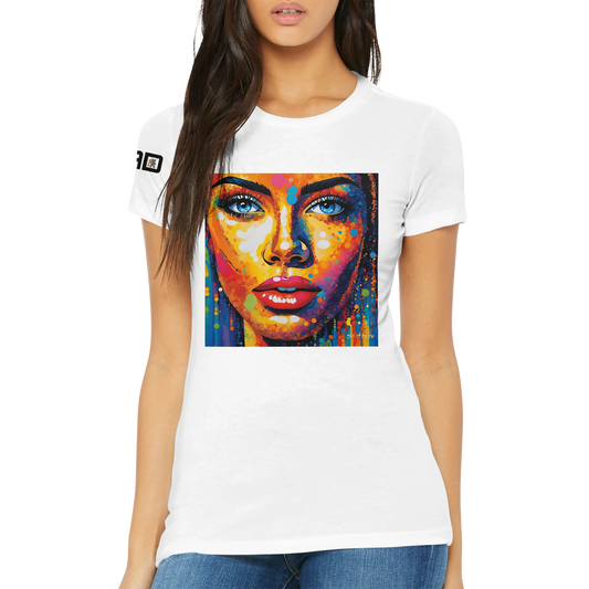 White t-shirt with a colorful face design worn by a model on a white background