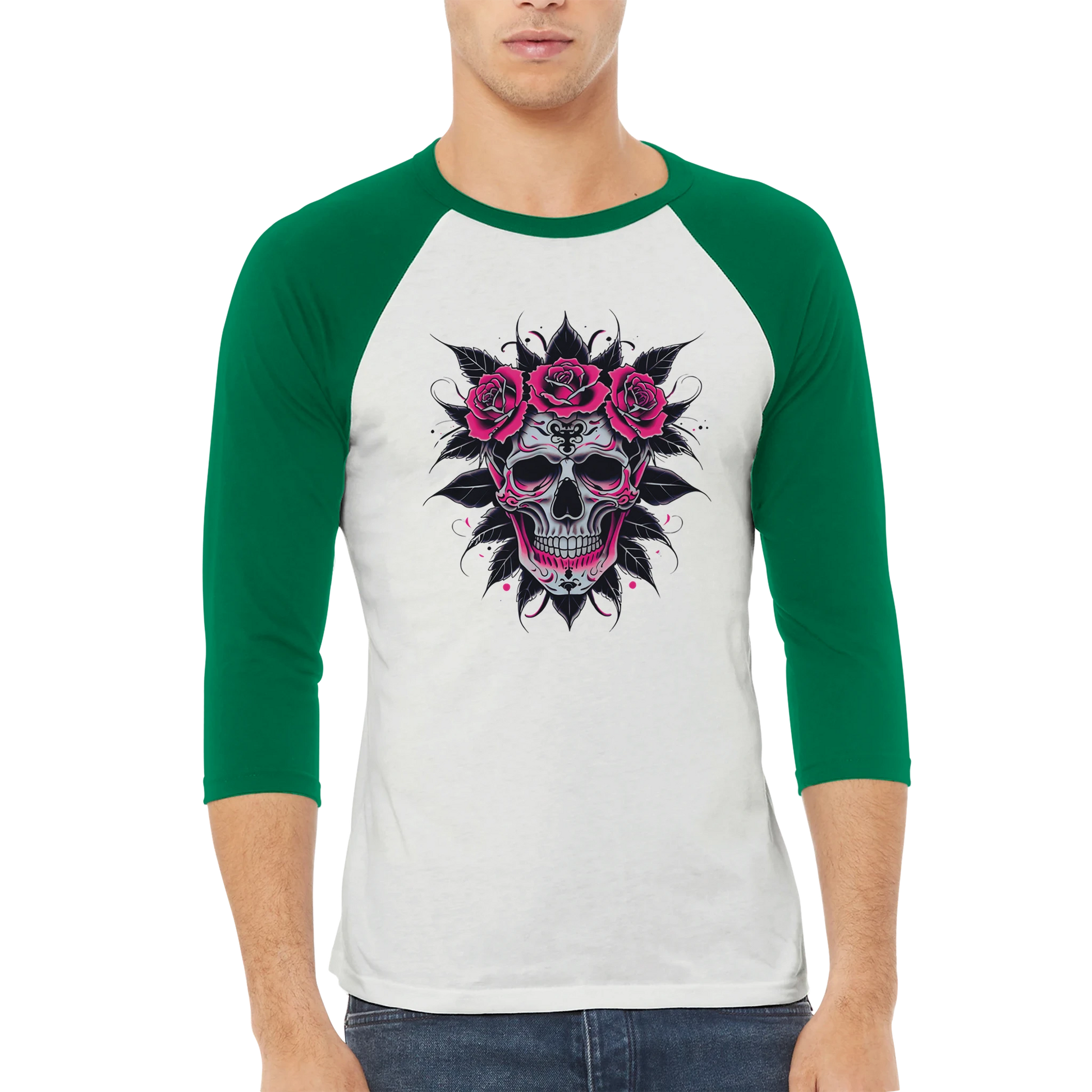 Green and white baseball shirt with a skull and roses design on a white background