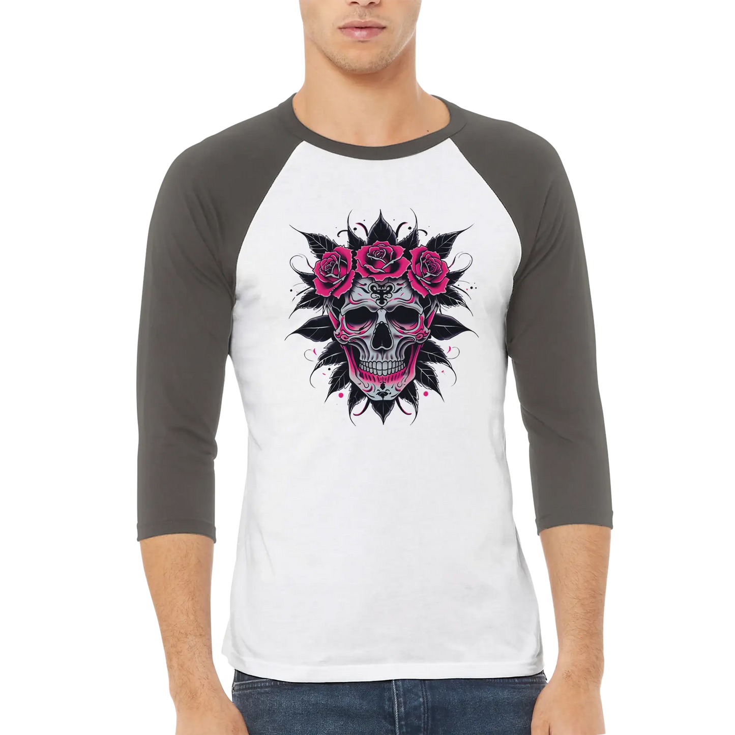 Person wearing a baseball shirt with a skull and roses design on a white background
