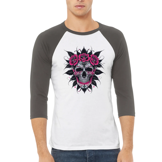Person wearing a baseball shirt with a skull and roses design on a white background