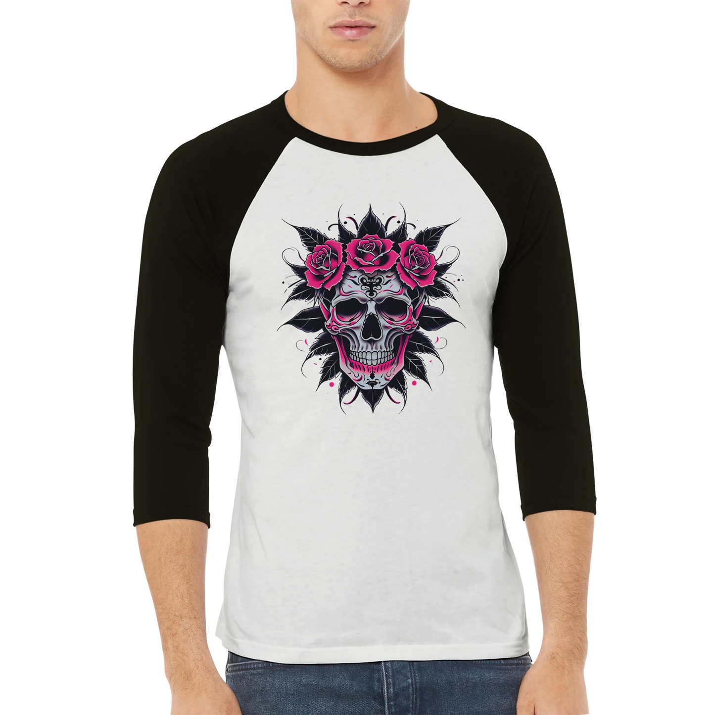 Person wearing a kelly green and white baseball shirt with a skull and roses design.