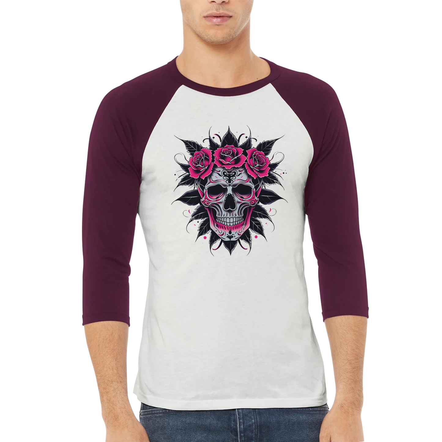 Person wearing a baseball shirt with a skull and roses design on a white background