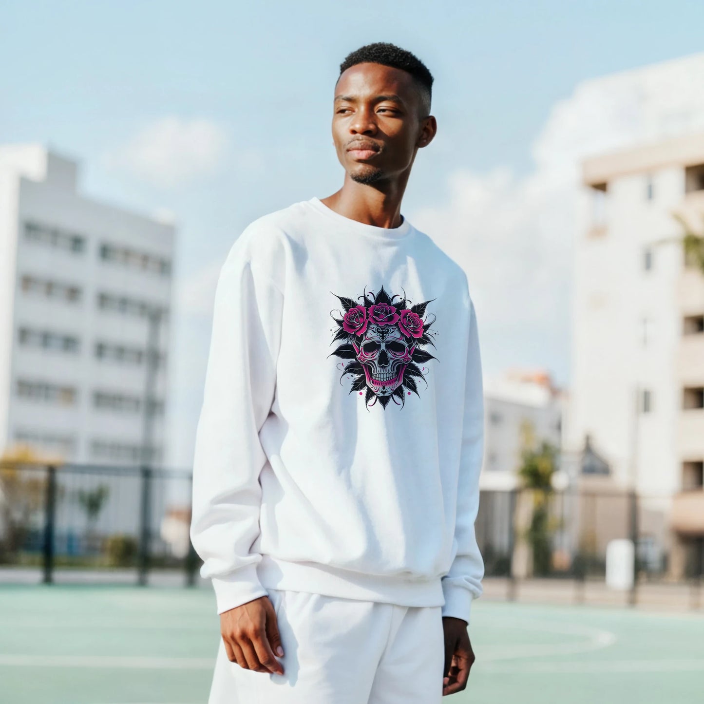 Person wearing a white sweatshirt with a colorful skull design outdoors.
