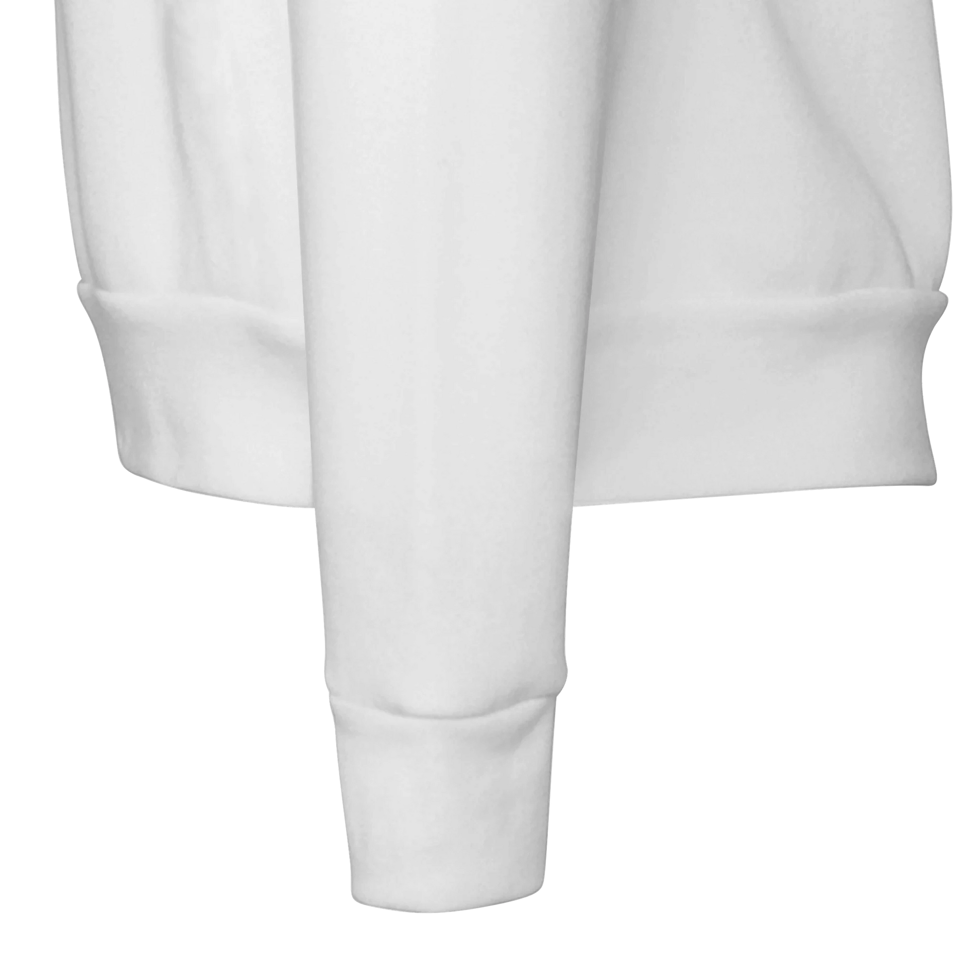 Close-up of white sweatshirt sleeve with a plain background