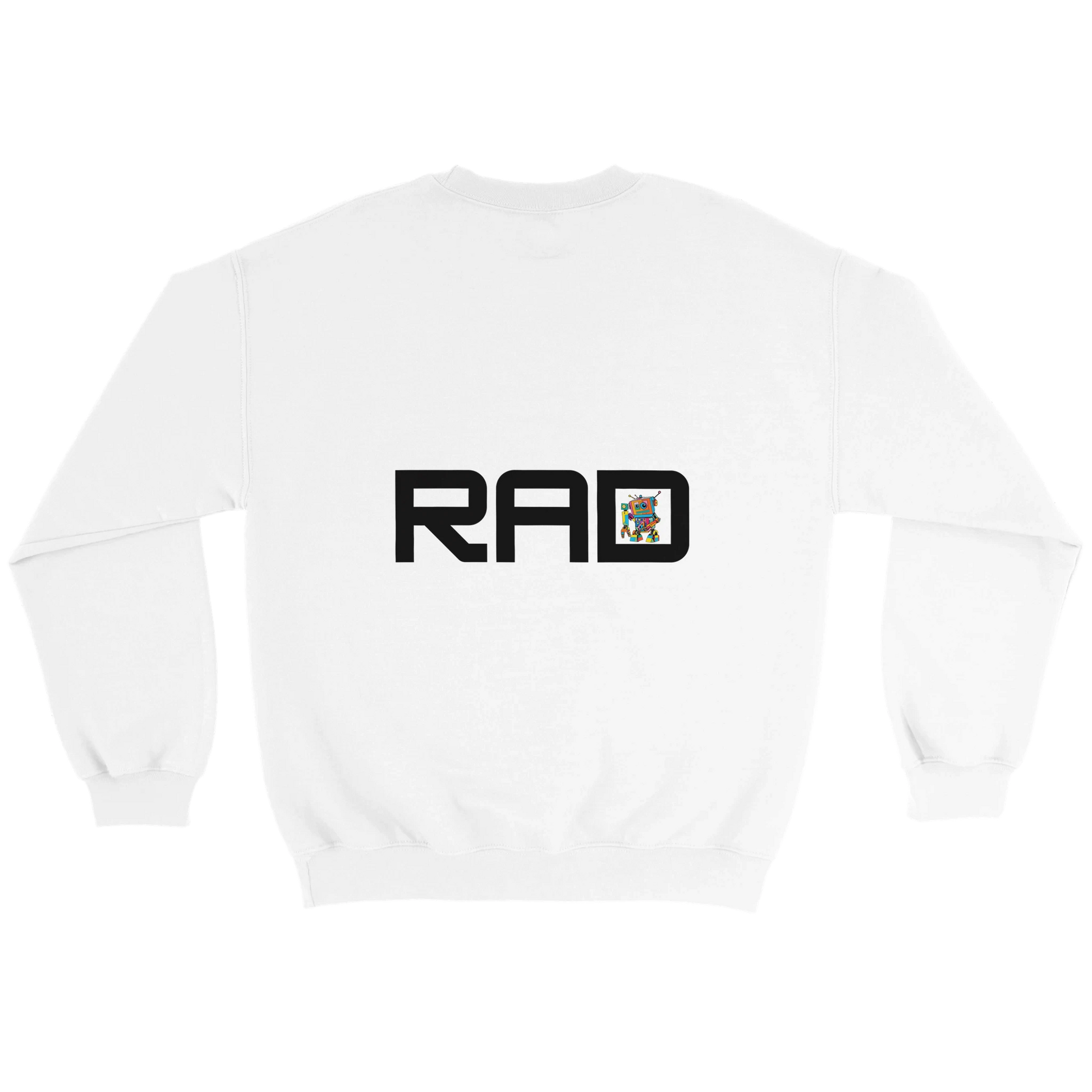 White sweatshirt with 'RAD' logo on a white background