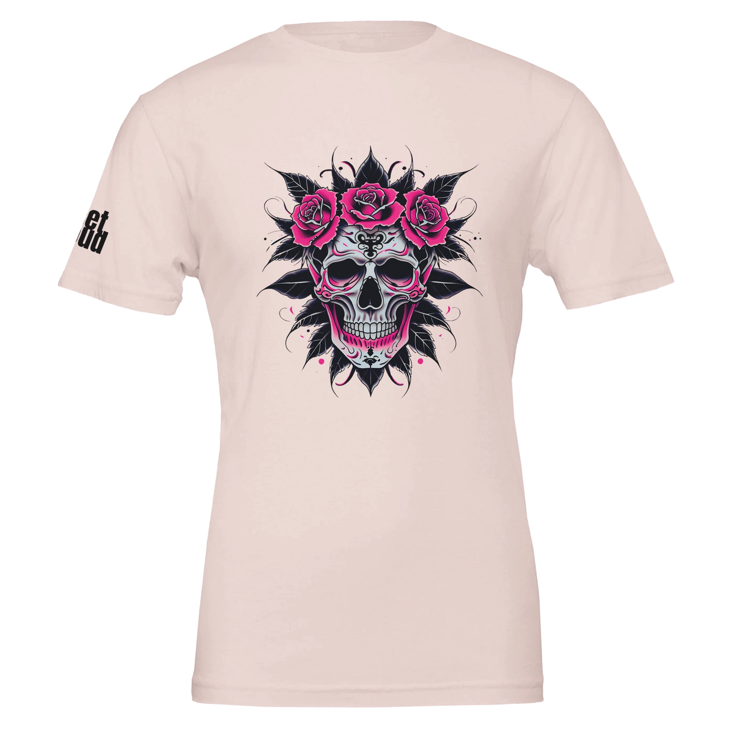 Beige t-shirt with a skull and roses design on a white background