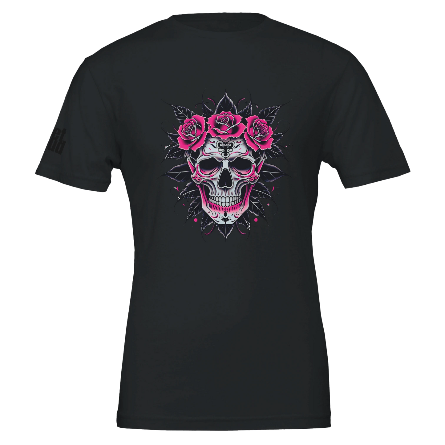 Black t-shirt with a skull and pink roses design on a white background
