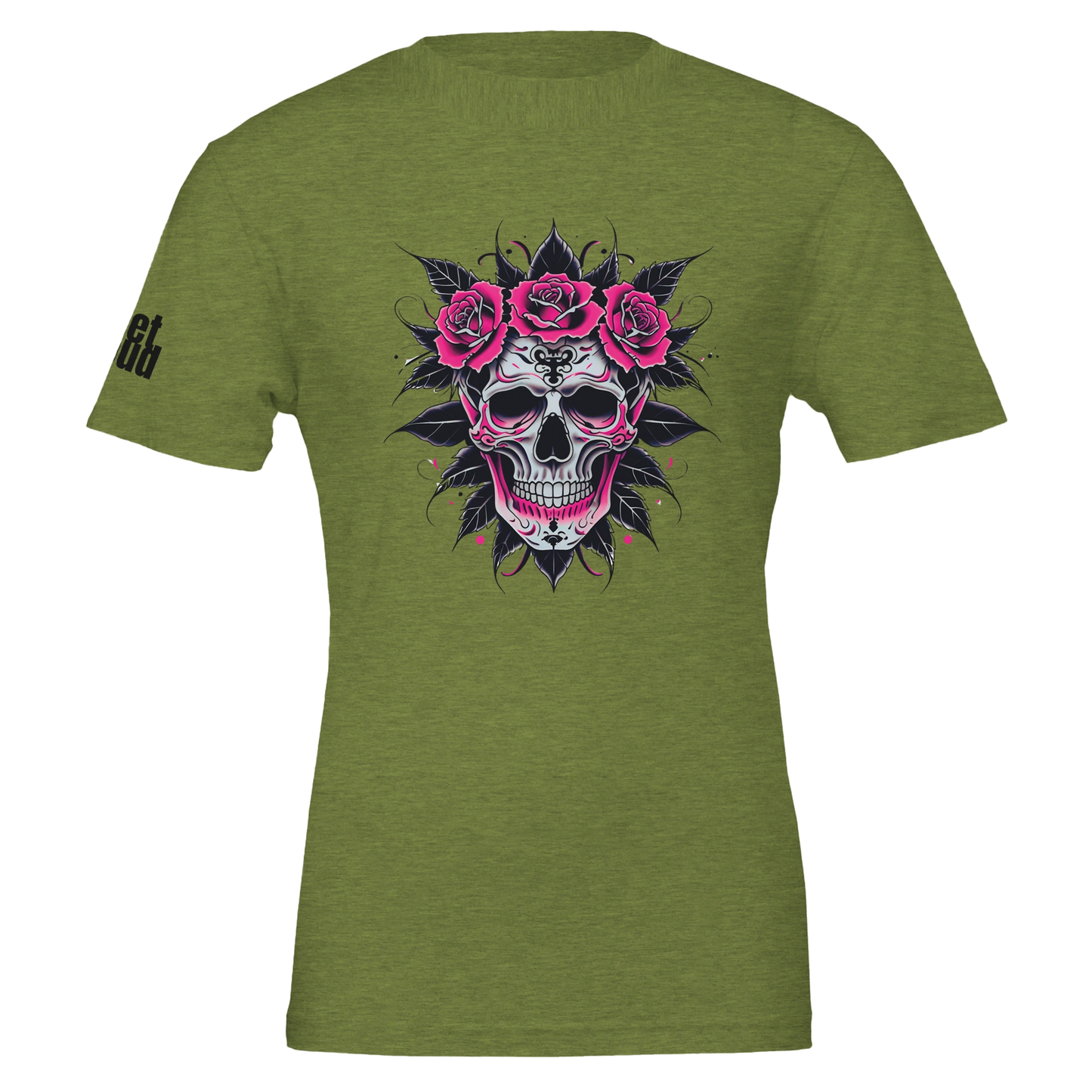 Green t-shirt with a skull and roses design on a white background