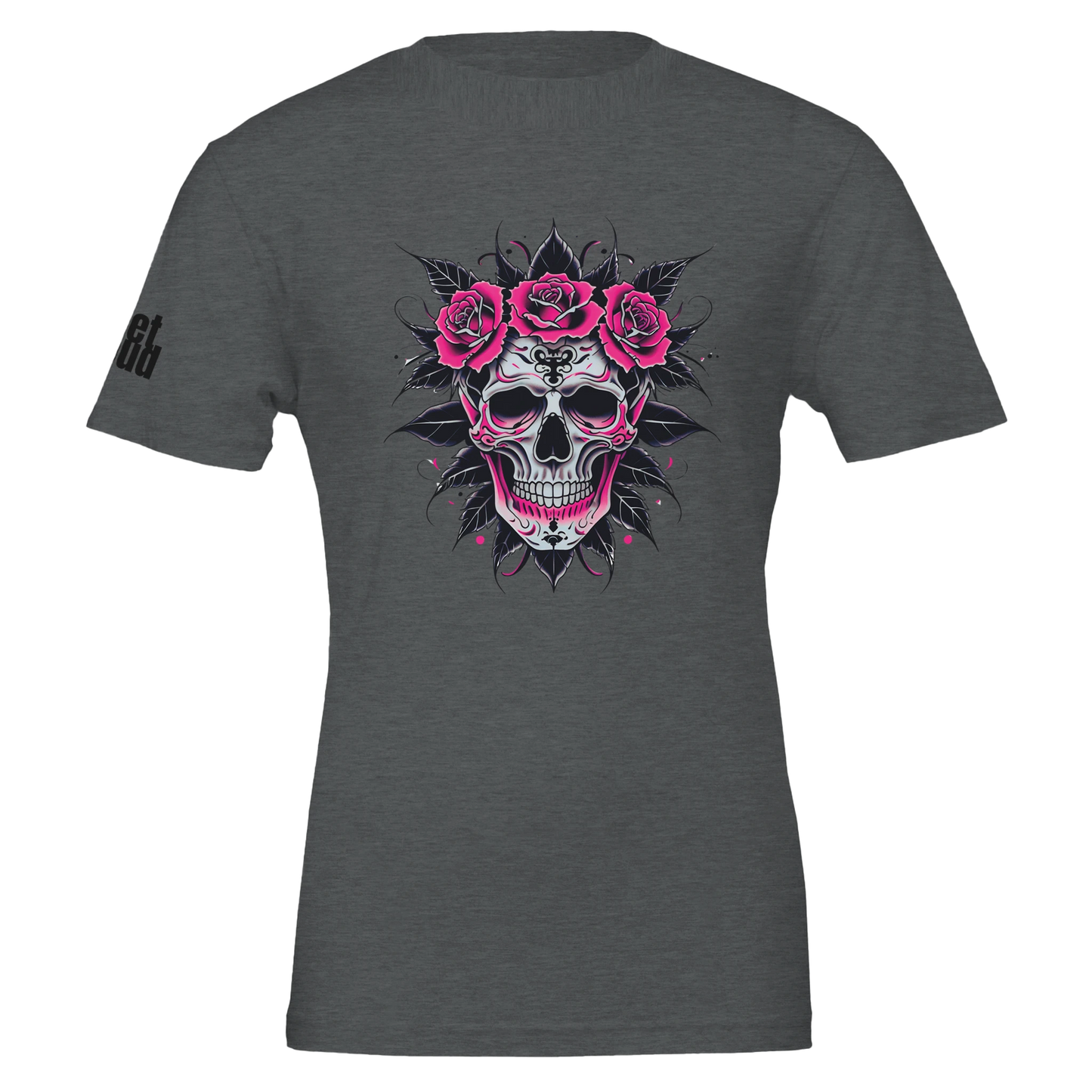 Gray t-shirt with a skull and roses design on a white background