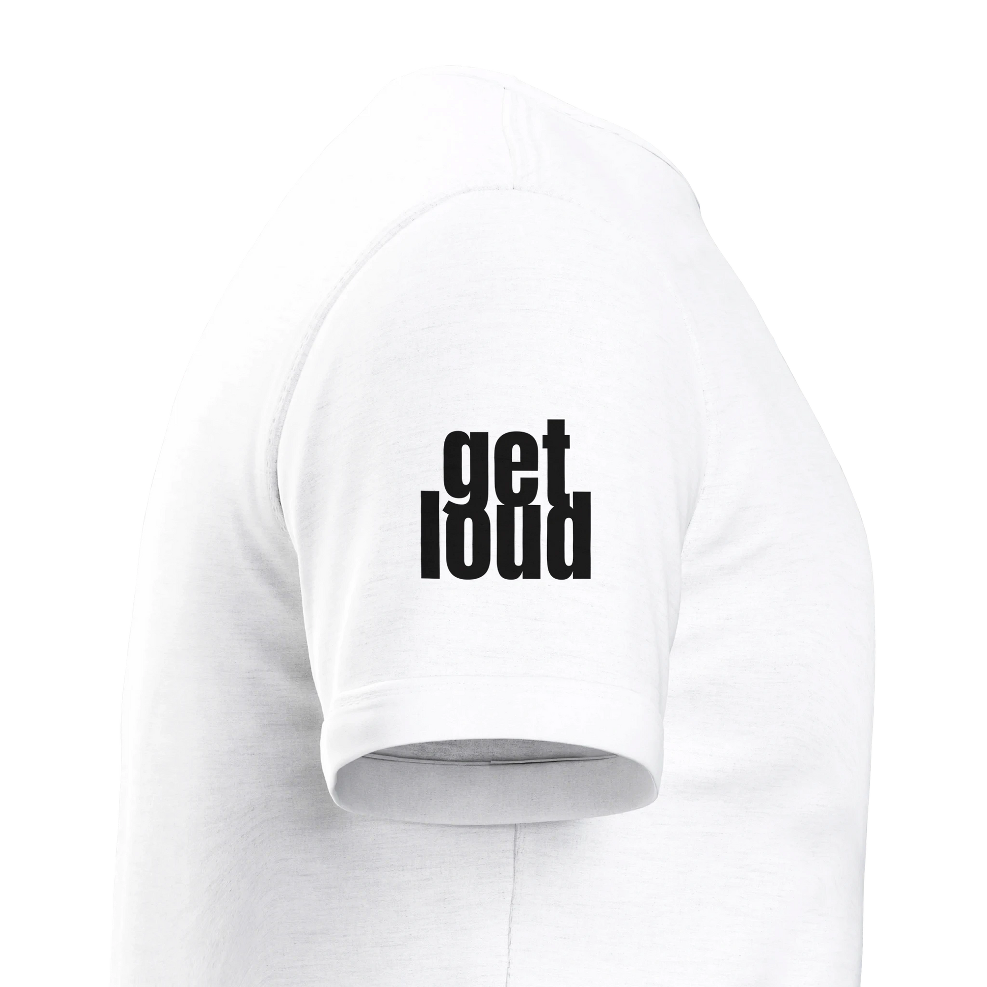 White long-sleeve shirt with 'get loud' text on a white background
