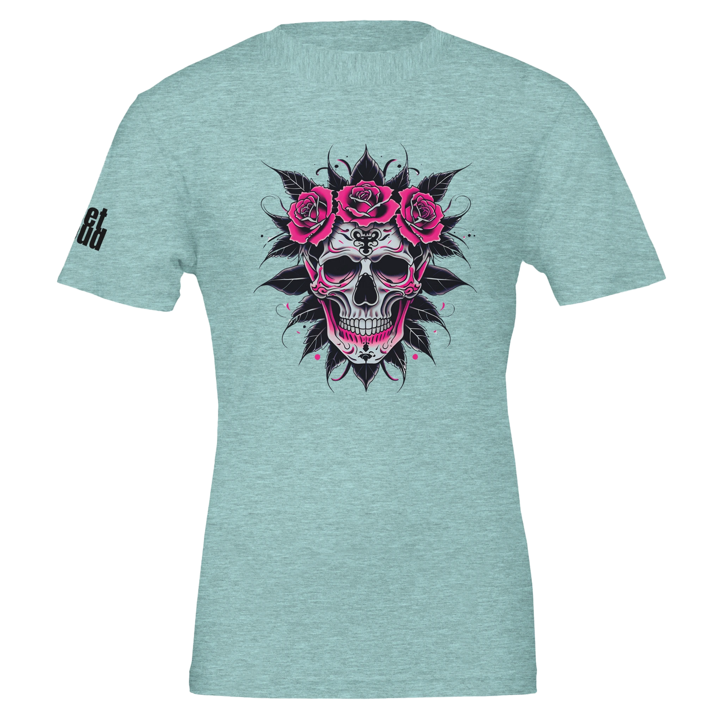 Teal t-shirt with a skull and roses design on the back, brand logo on sleeve.