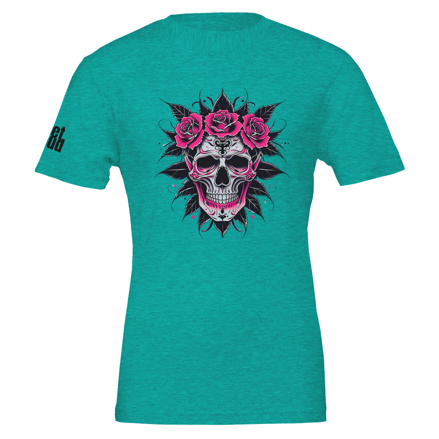 Teal t-shirt with a skull and roses design on a white background