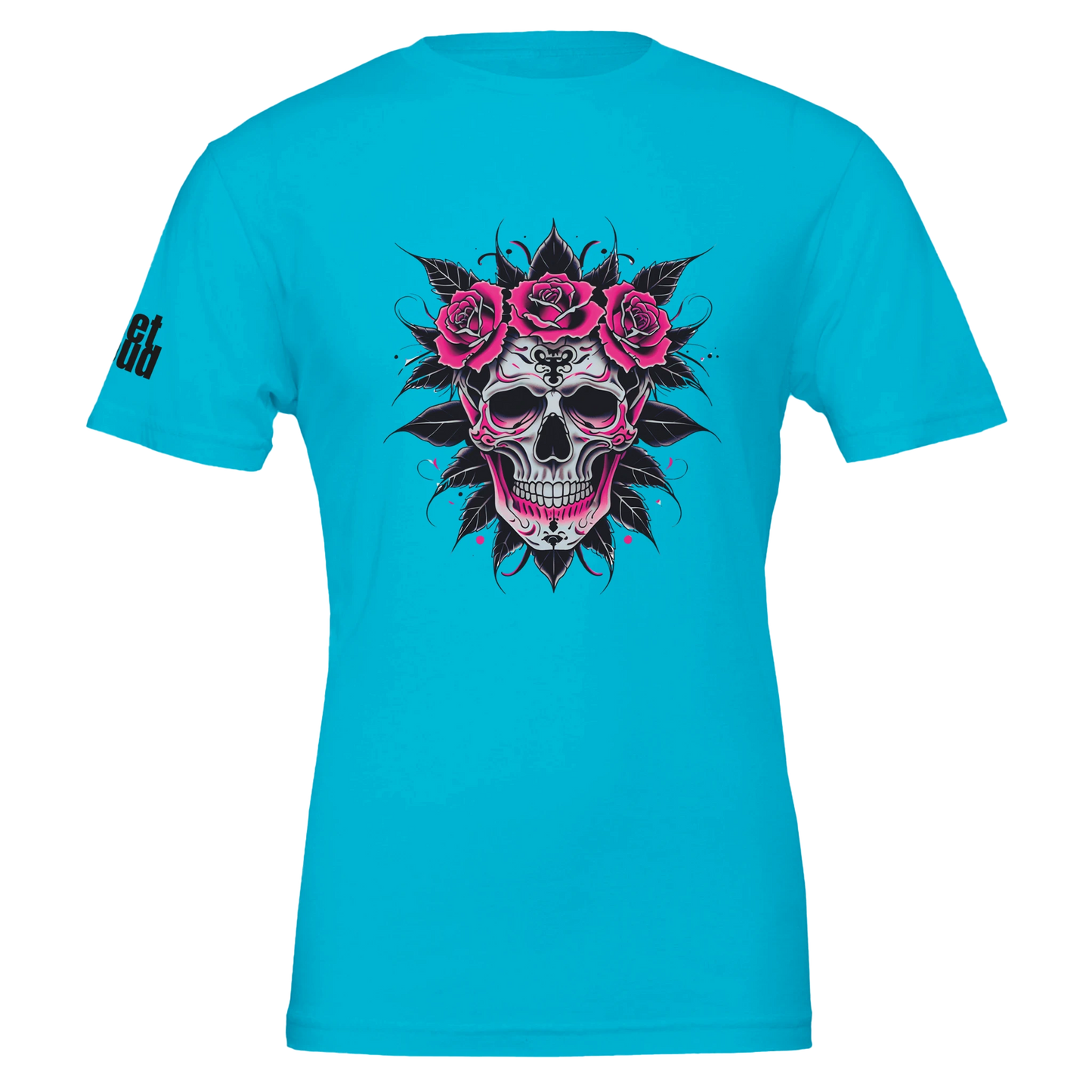 Turquoise t-shirt with a skull and roses design on a white background