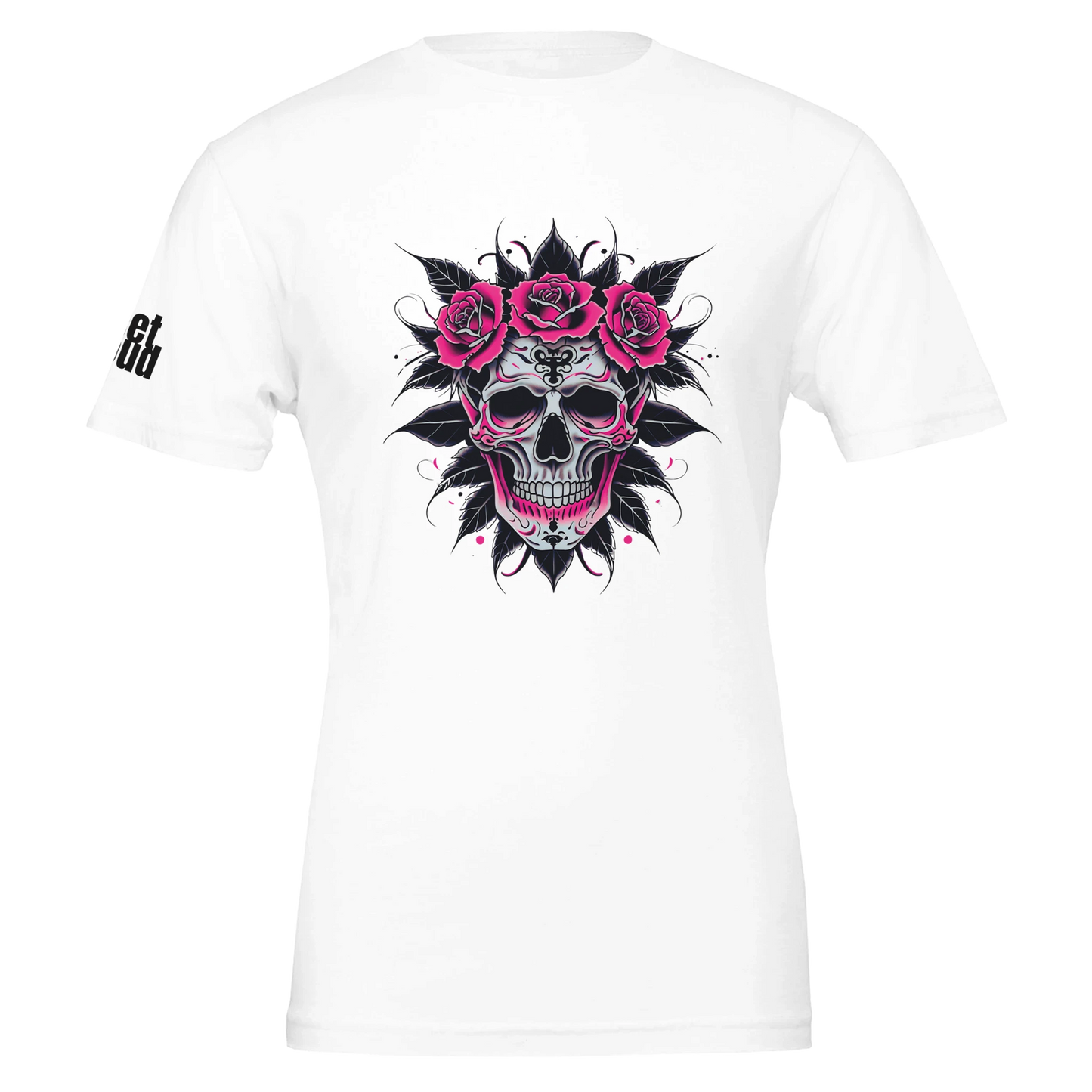 White t-shirt with a skull and roses design on a white background