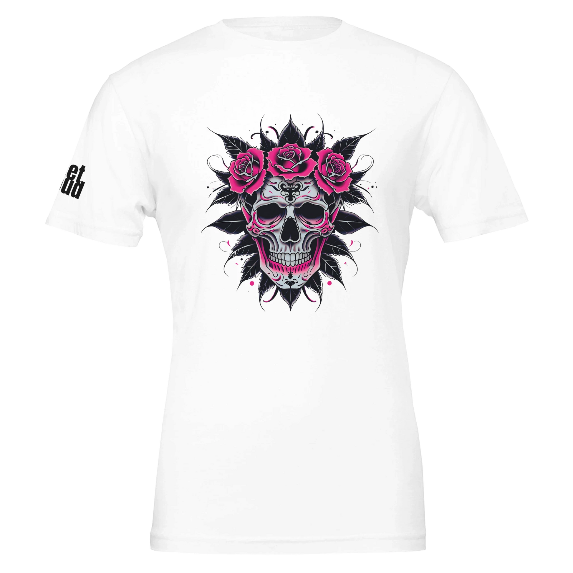 White t-shirt with a skull and roses design on a white background