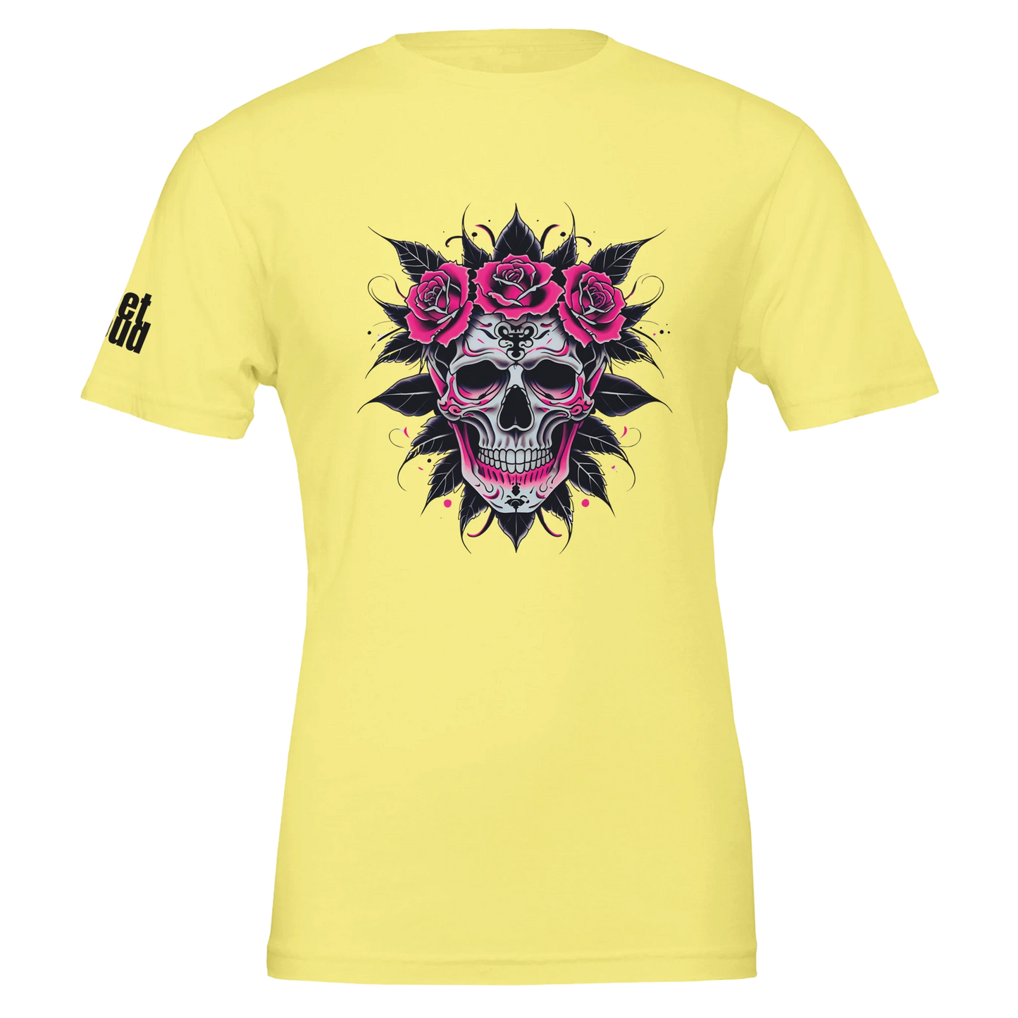 Yellow t-shirt with a skull and roses design on a white background