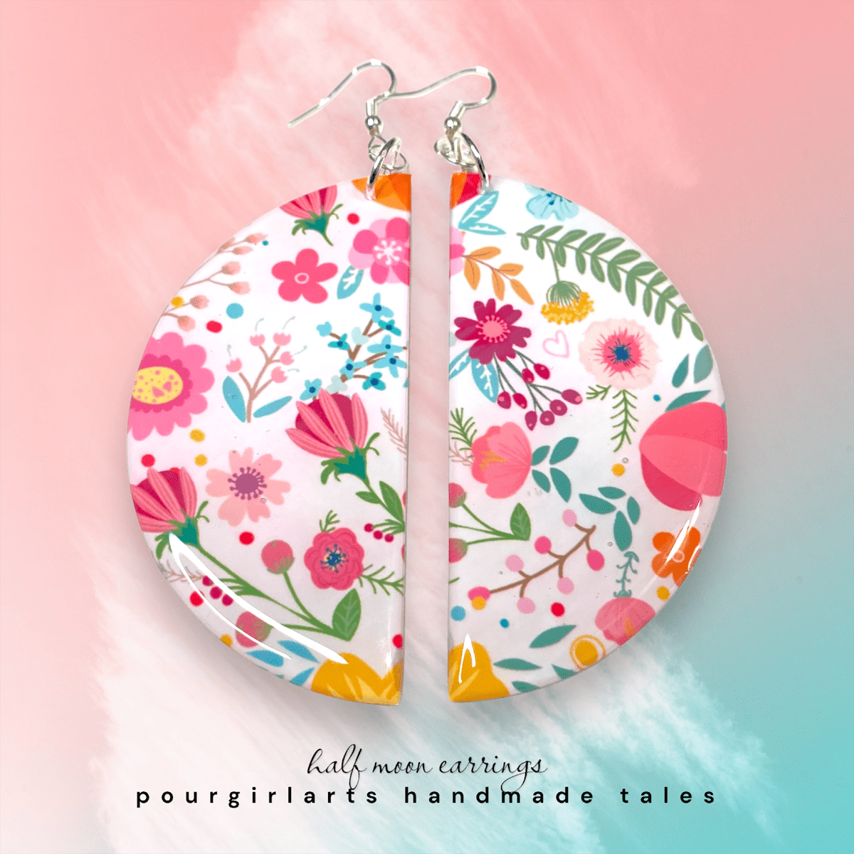 Floral half-moon earrings on a colorful background with 'pourgirlarts handmade tales' text.