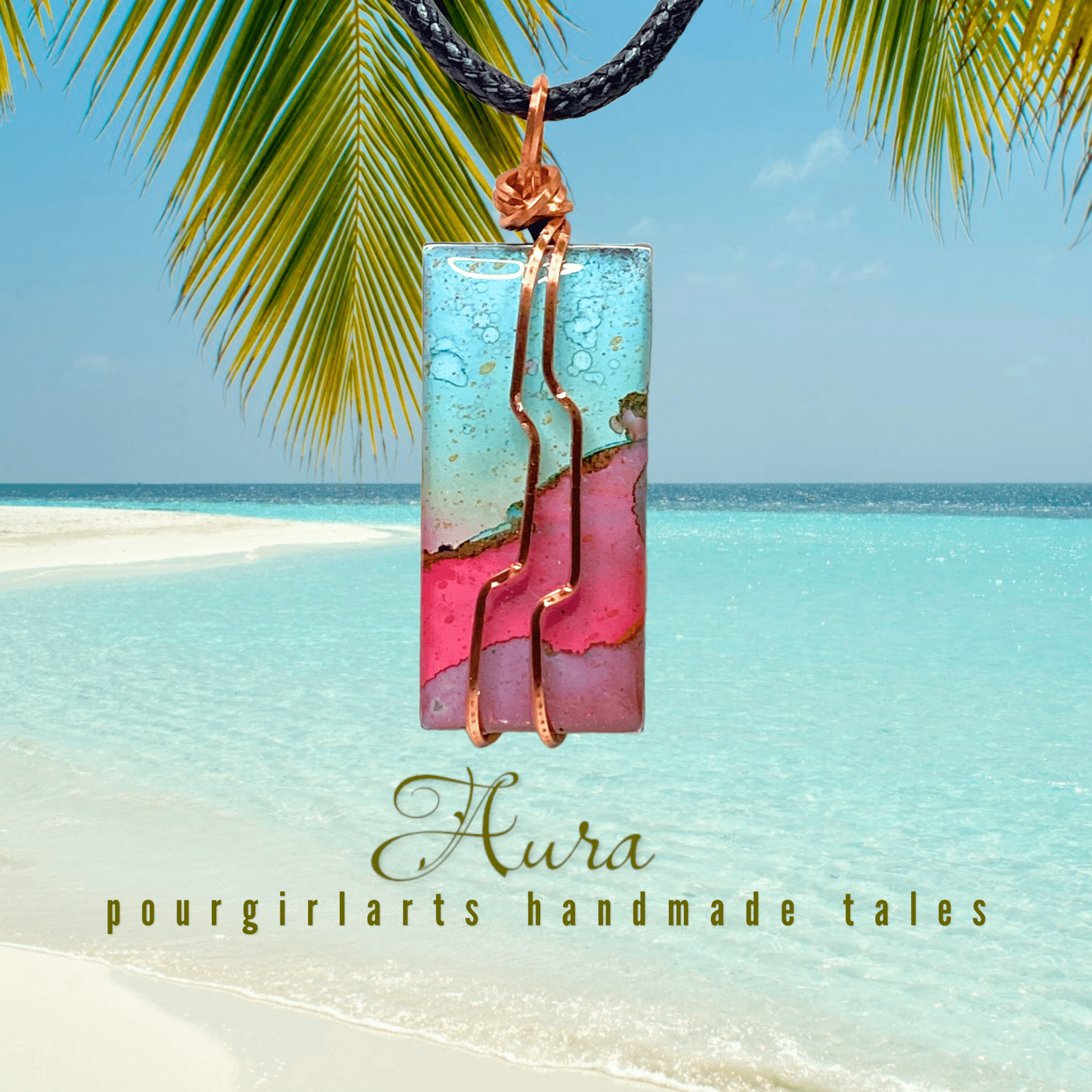 Necklace with a colorful pendant against a tropical beach background